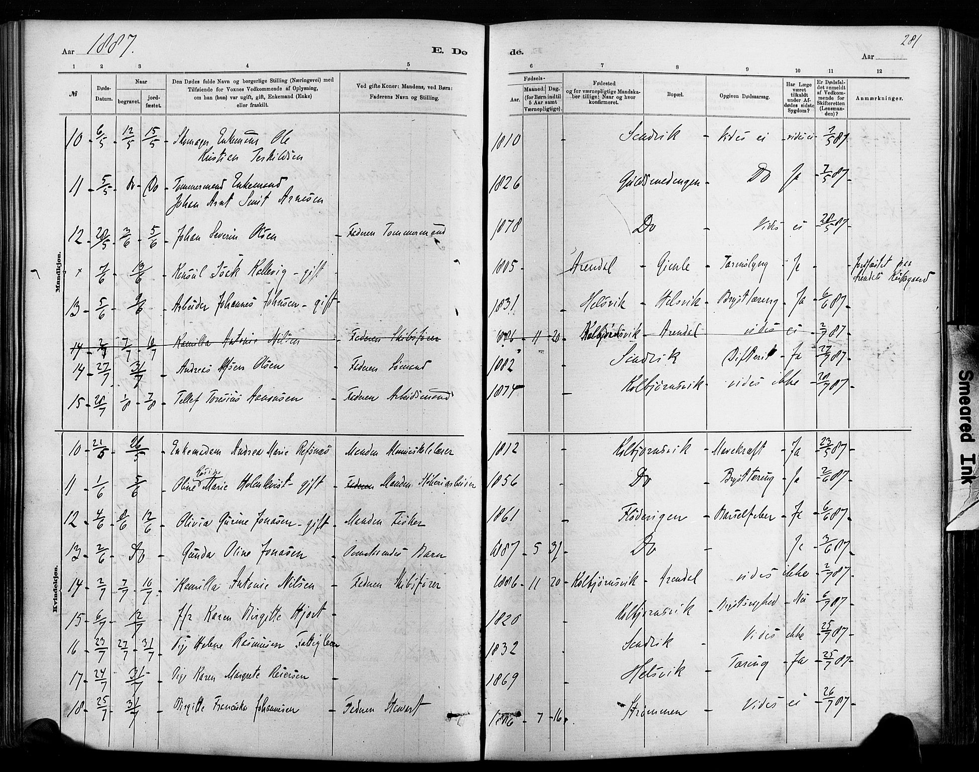 Hisøy sokneprestkontor, AV/SAK-1111-0020/F/Fa/L0003: Parish register (official) no. A 3, 1881-1894, p. 281