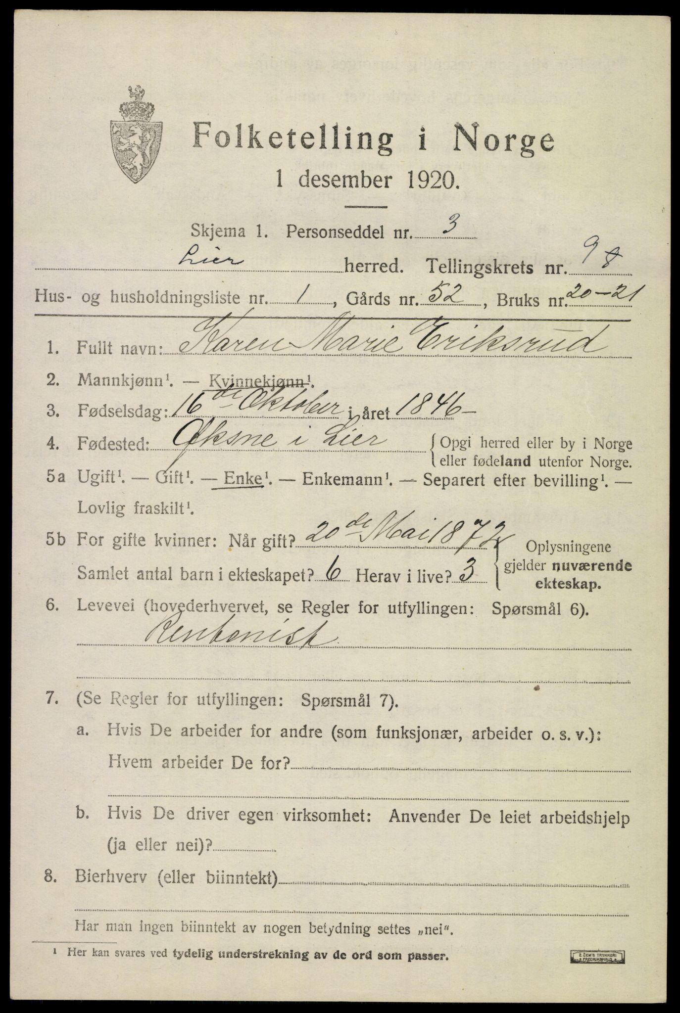 SAKO, 1920 census for Lier, 1920, p. 14804