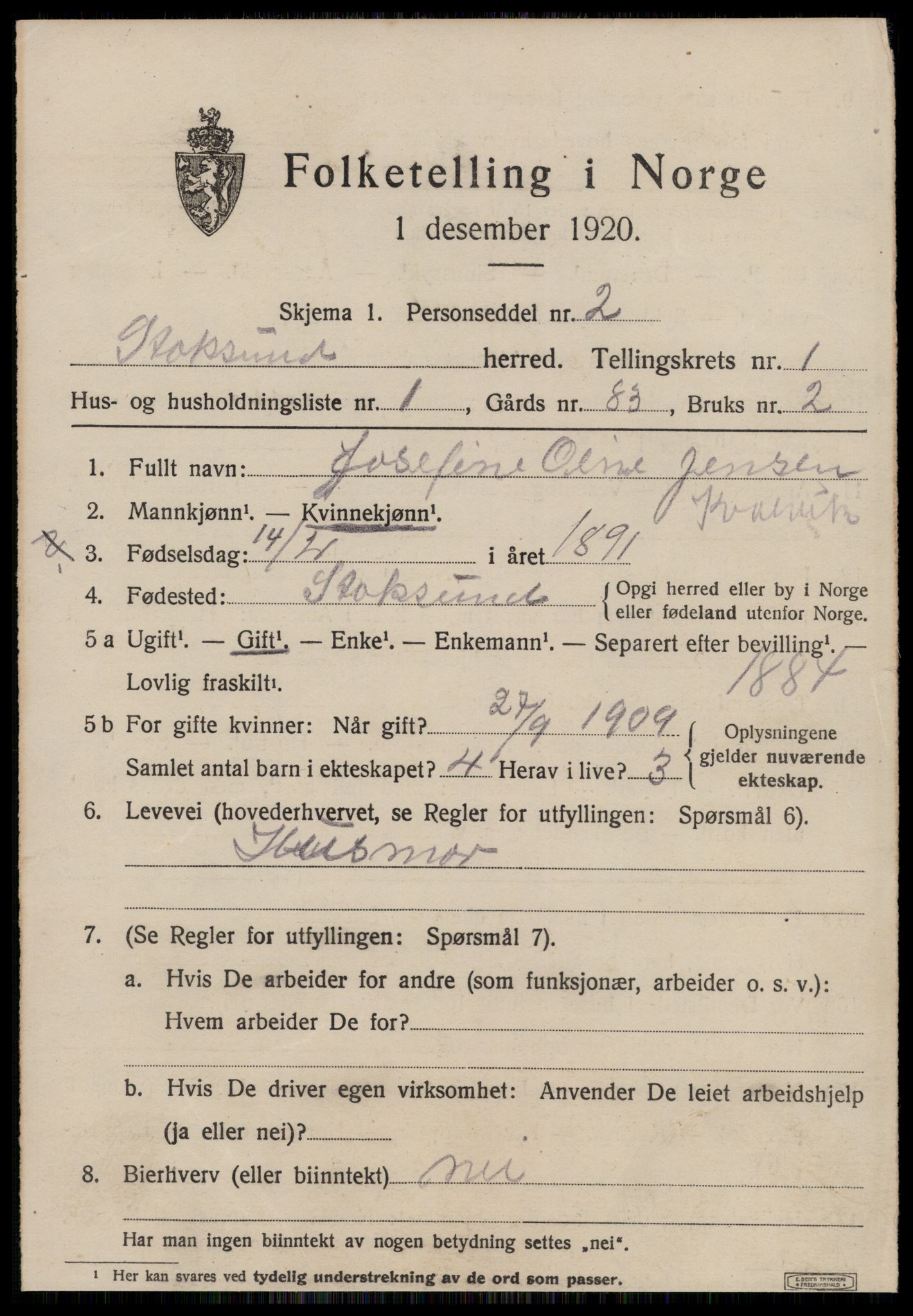 SAT, 1920 census for Stoksund, 1920, p. 564