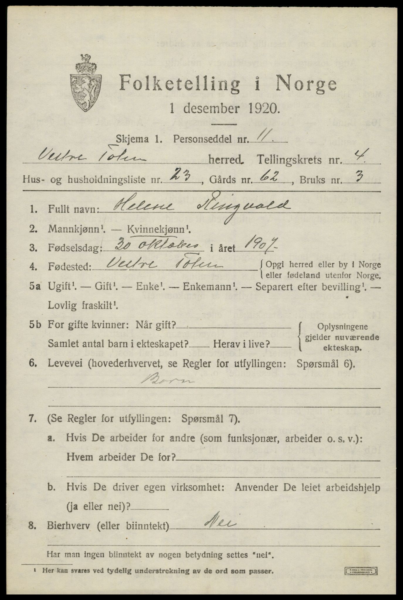 SAH, 1920 census for Vestre Toten, 1920, p. 5888