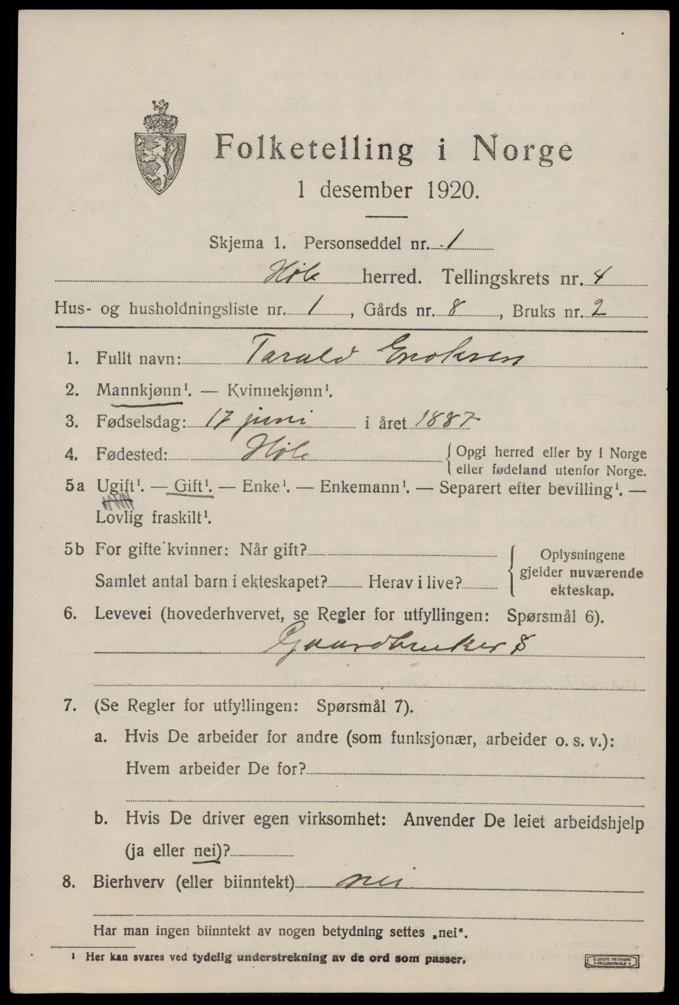 SAST, 1920 census for Høle, 1920, p. 1369