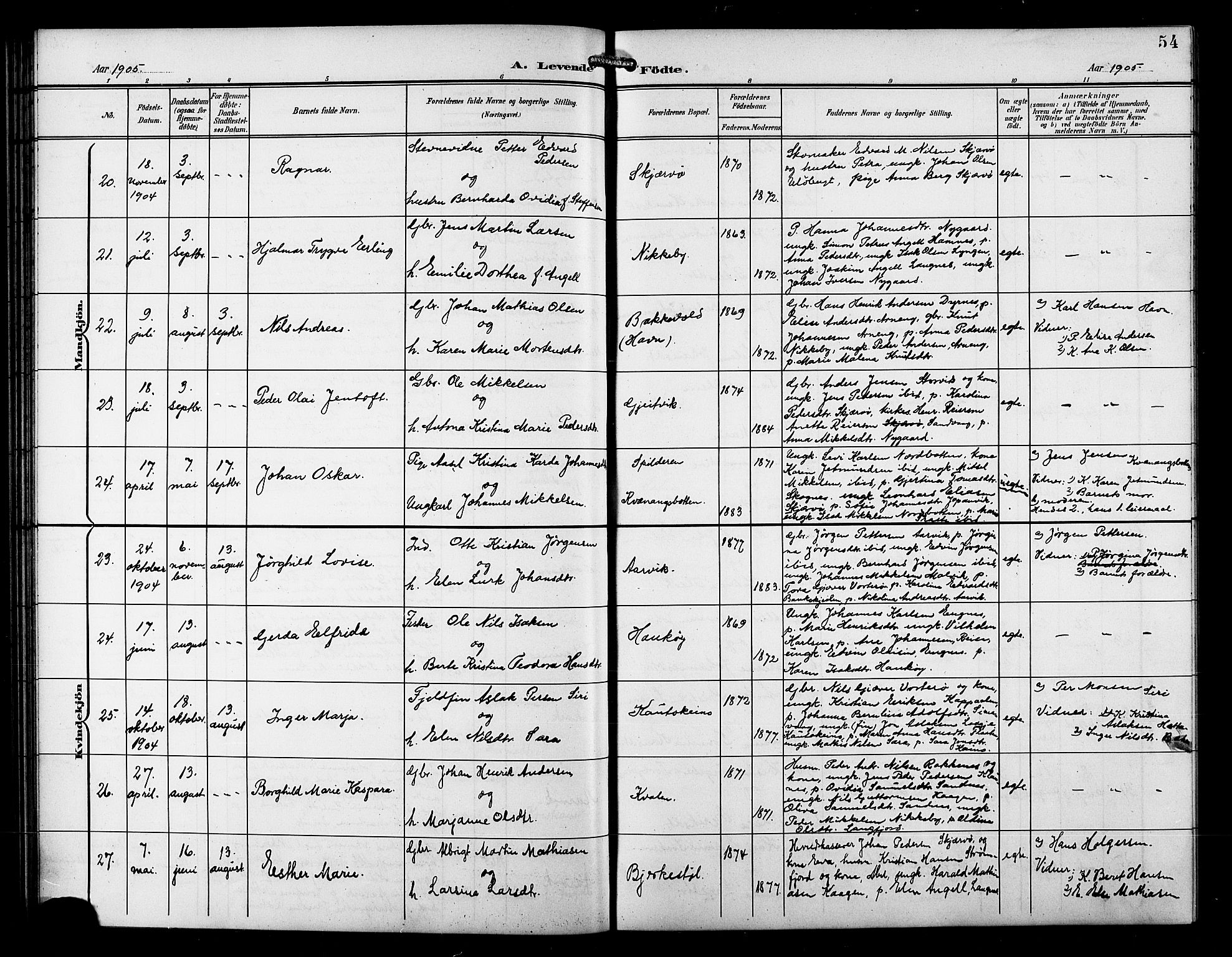 Skjervøy sokneprestkontor, AV/SATØ-S-1300/H/Ha/Hab/L0008klokker: Parish register (copy) no. 8, 1900-1910, p. 54