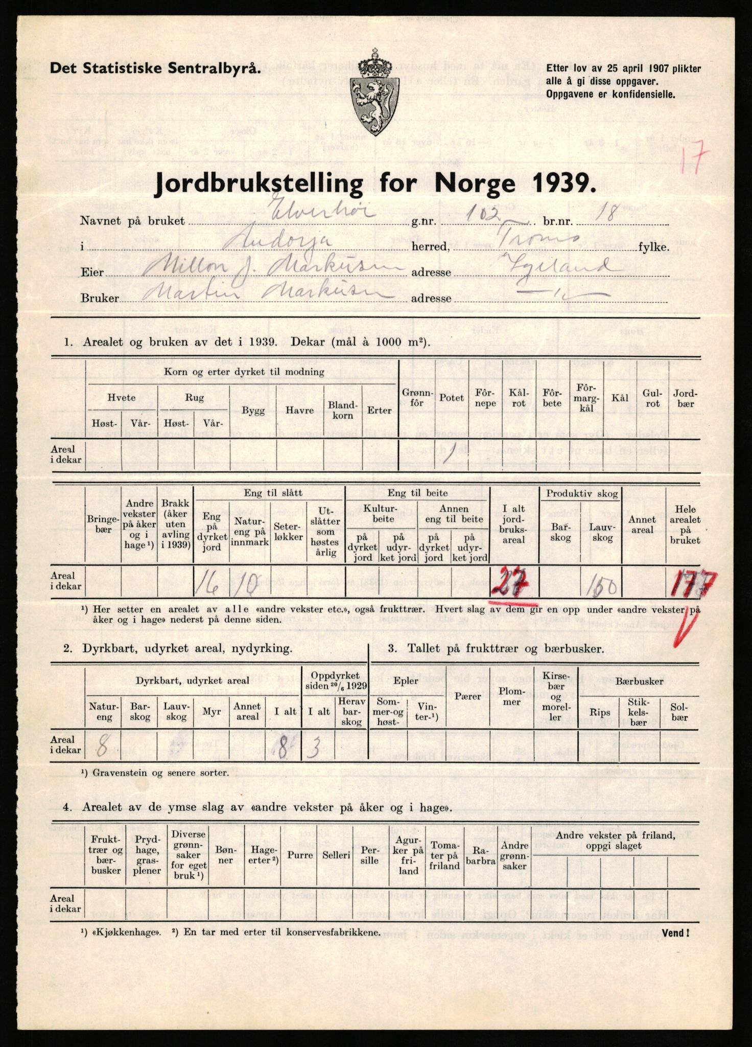 Statistisk sentralbyrå, Næringsøkonomiske emner, Jordbruk, skogbruk, jakt, fiske og fangst, AV/RA-S-2234/G/Gb/L0339: Troms: Andørja, Astafjord og Lavangen, 1939, p. 651