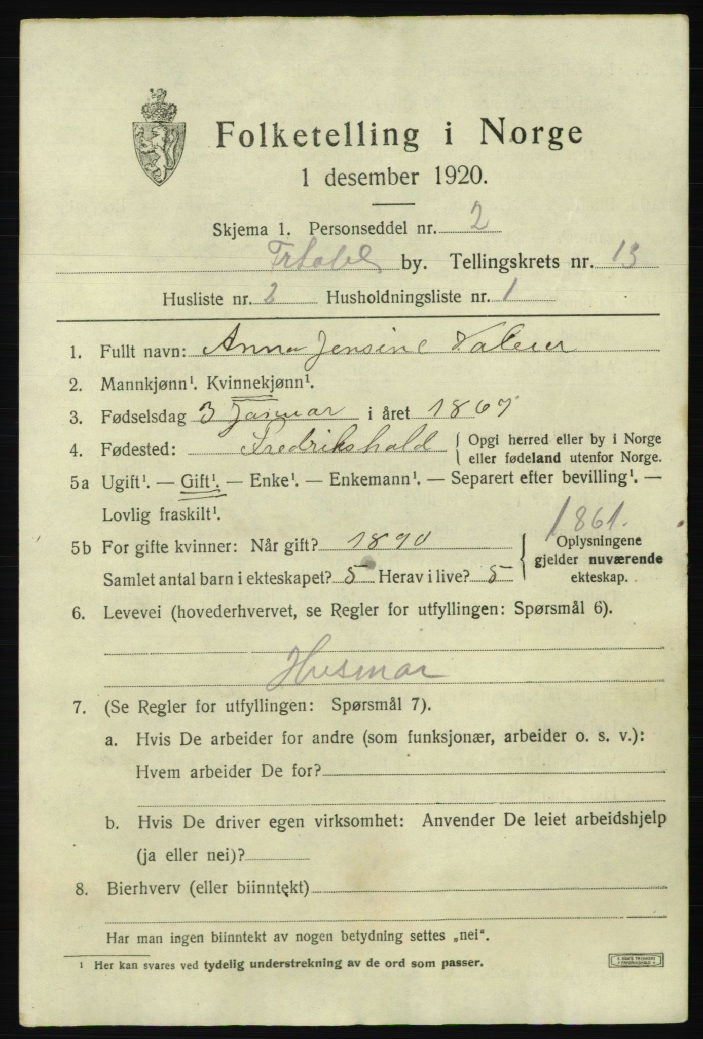 SAO, 1920 census for Fredrikshald, 1920, p. 20669