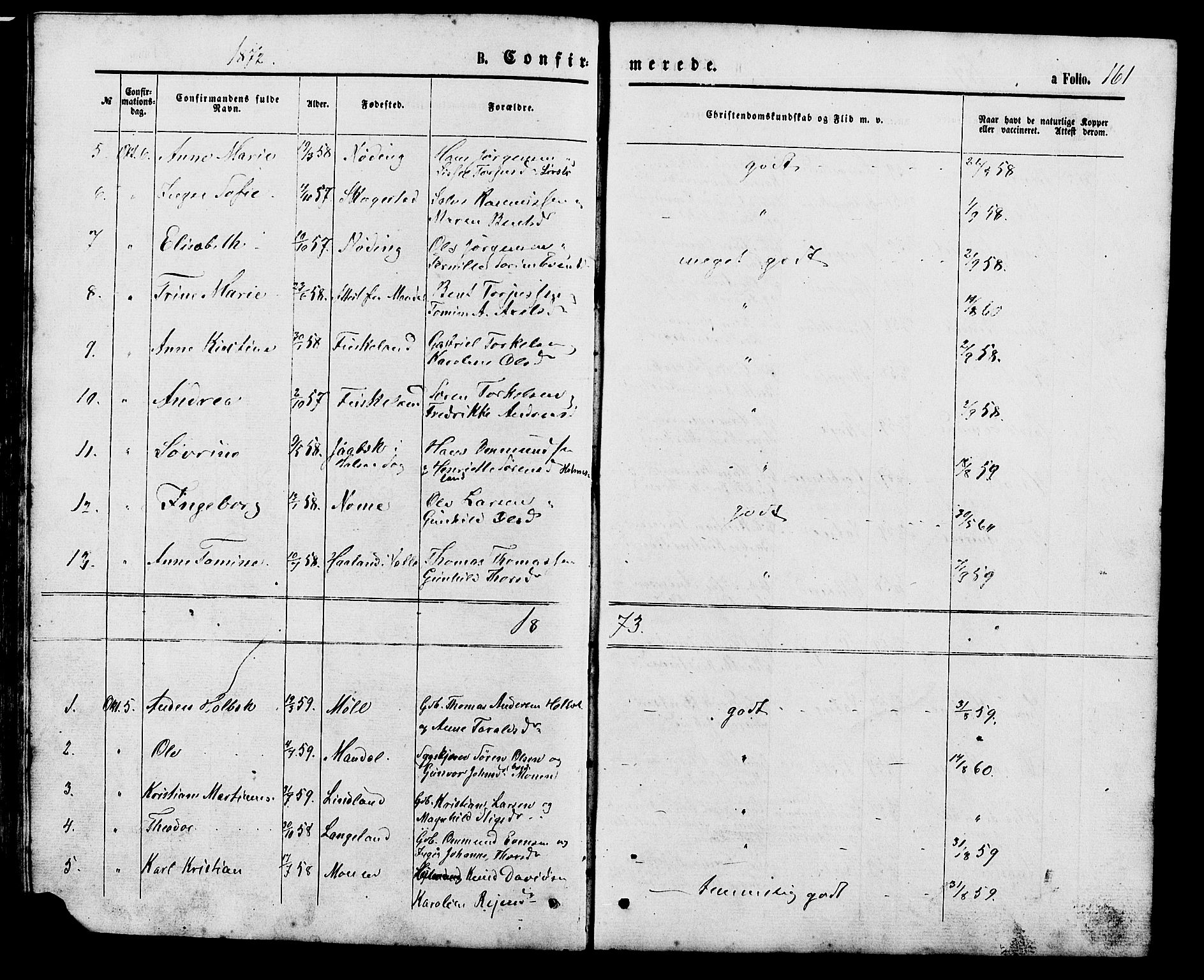 Holum sokneprestkontor, SAK/1111-0022/F/Fb/Fba/L0004: Parish register (copy) no. B 4, 1867-1890, p. 161
