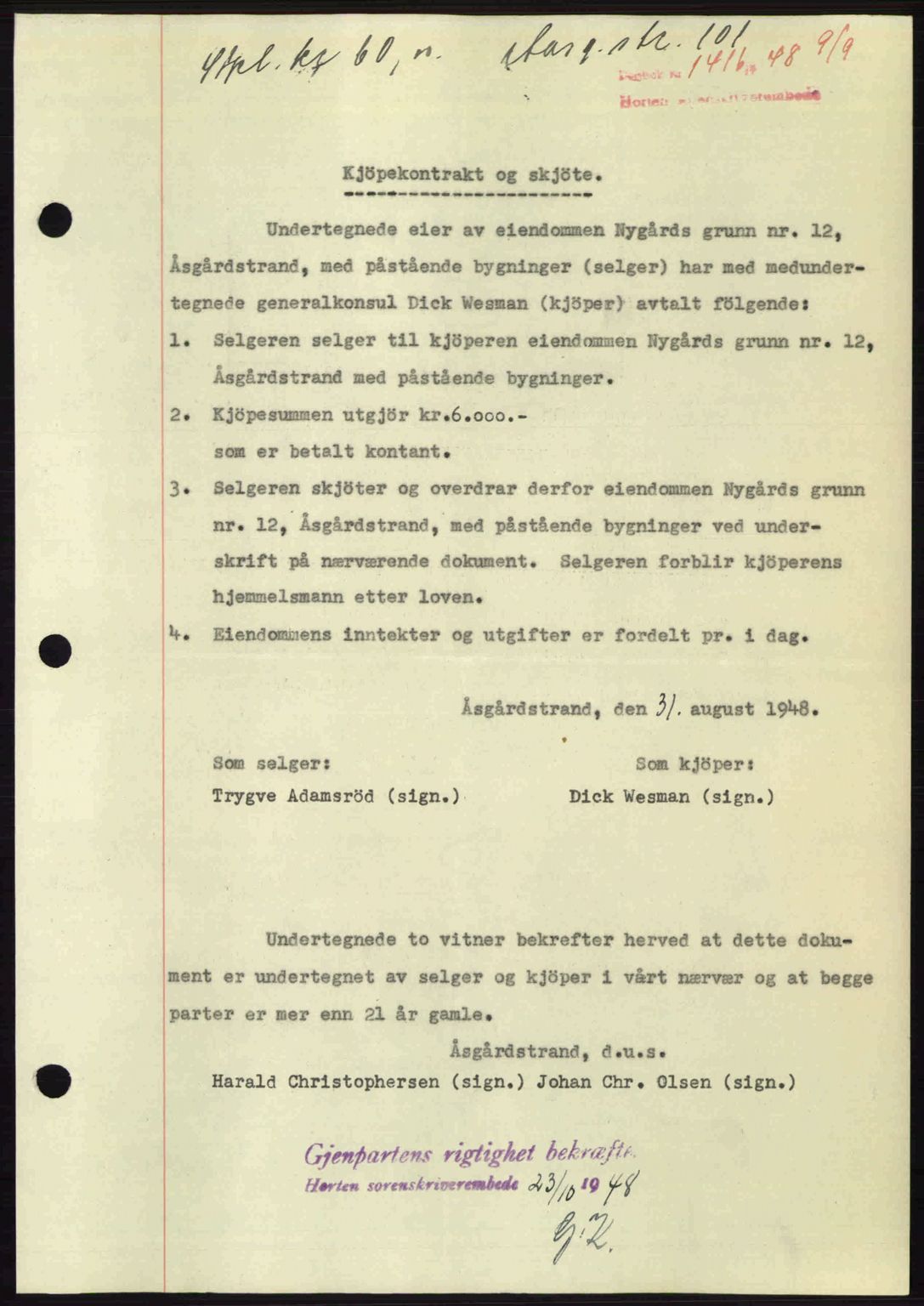 Horten sorenskriveri, AV/SAKO-A-133/G/Ga/Gaa/L0011: Mortgage book no. A-11, 1948-1948, Diary no: : 1416/1948