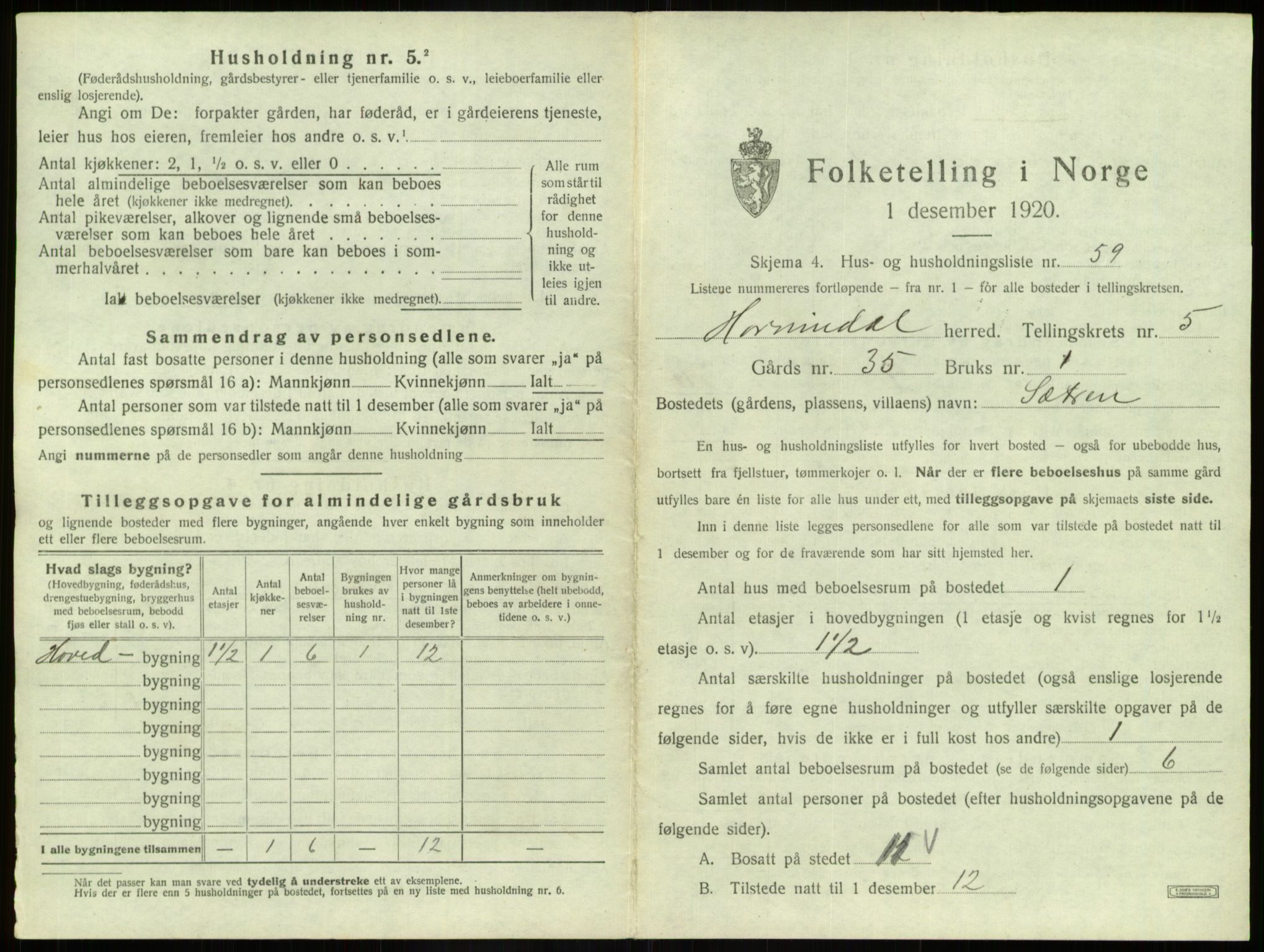 SAB, 1920 census for Hornindal, 1920, p. 423