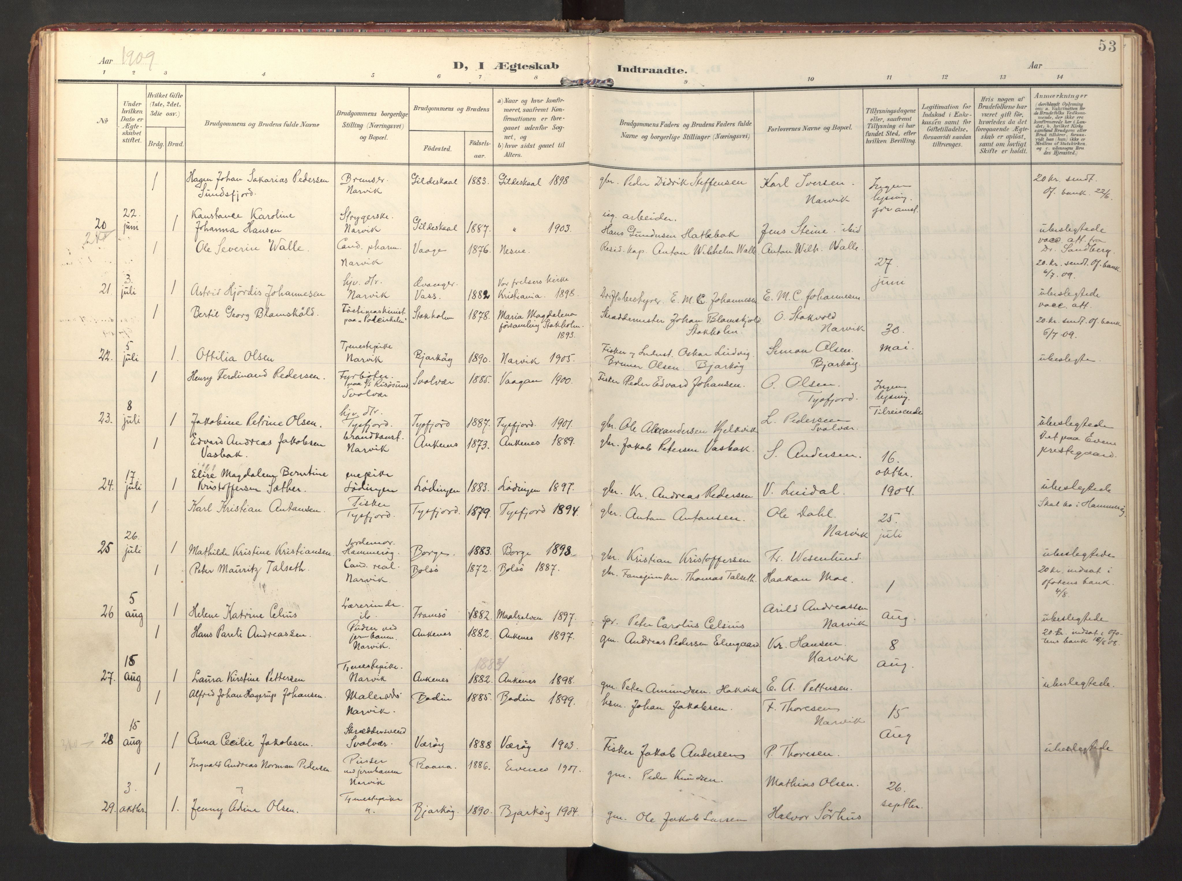 Ministerialprotokoller, klokkerbøker og fødselsregistre - Nordland, SAT/A-1459/871/L0999: Parish register (official) no. 871A15, 1902-1917, p. 53