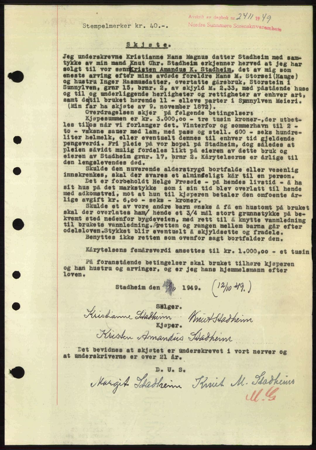 Nordre Sunnmøre sorenskriveri, AV/SAT-A-0006/1/2/2C/2Ca: Mortgage book no. A32, 1949-1949, Diary no: : 2411/1949