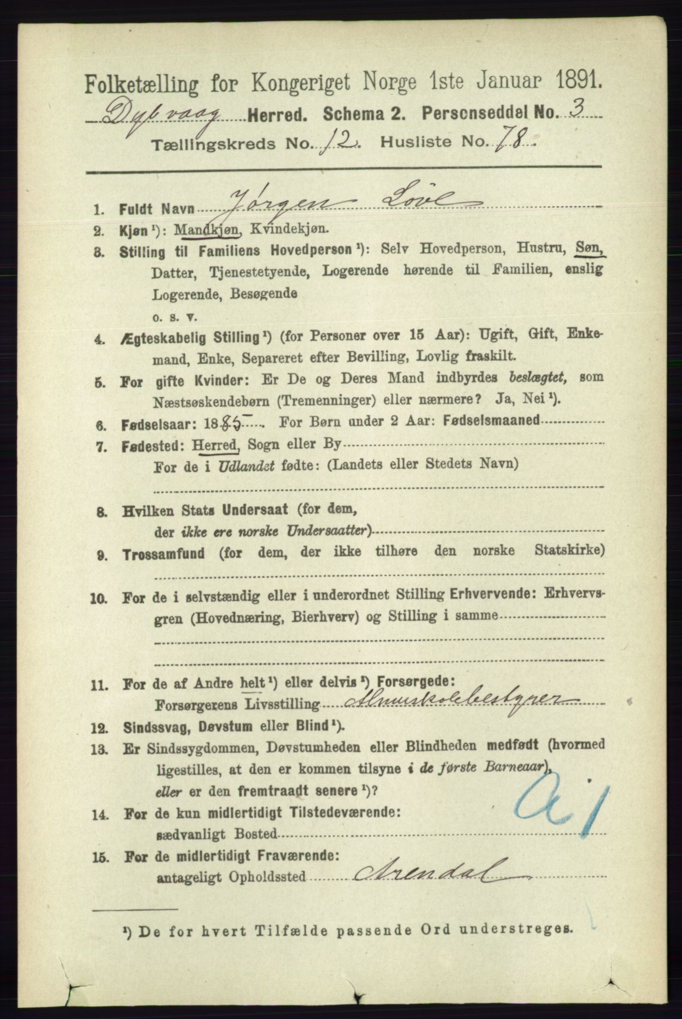 RA, 1891 census for 0915 Dypvåg, 1891, p. 5216