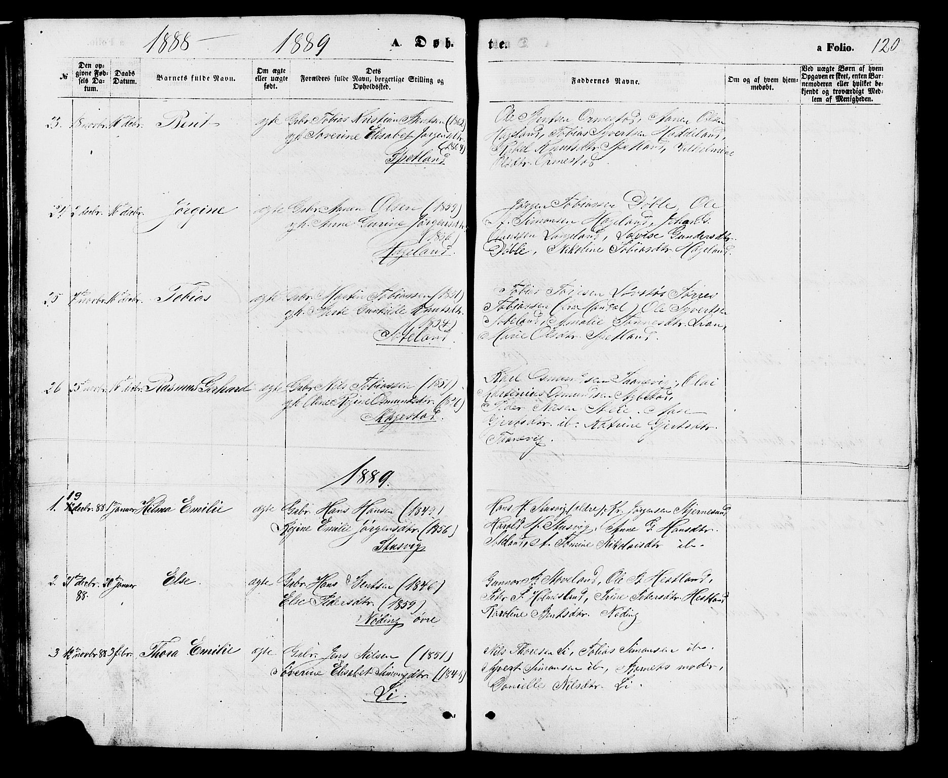 Holum sokneprestkontor, AV/SAK-1111-0022/F/Fb/Fba/L0004: Parish register (copy) no. B 4, 1867-1890, p. 120