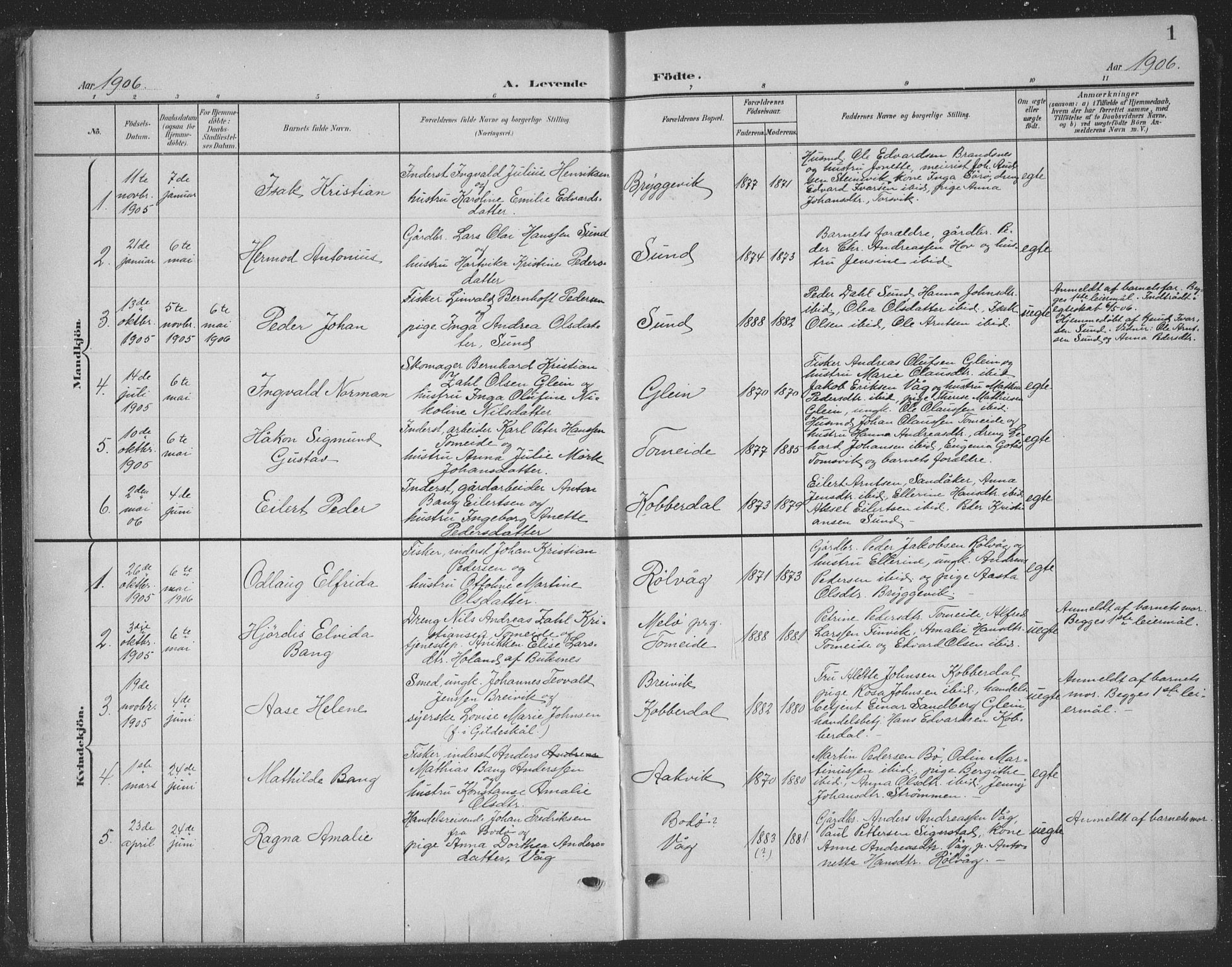 Ministerialprotokoller, klokkerbøker og fødselsregistre - Nordland, SAT/A-1459/835/L0533: Parish register (copy) no. 835C05, 1906-1939, p. 1