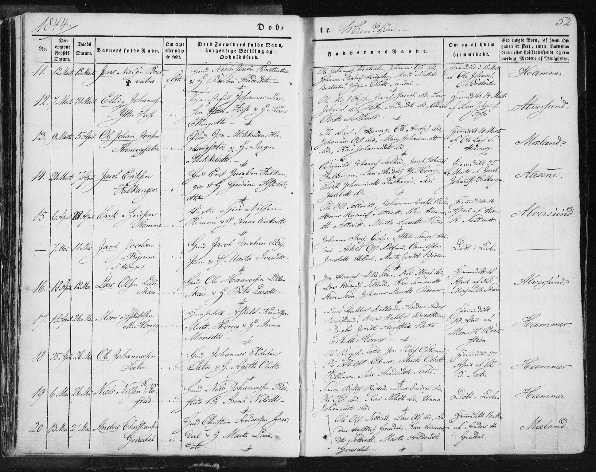 Hamre sokneprestembete, SAB/A-75501/H/Ha/Haa/Haaa/L0012: Parish register (official) no. A 12, 1834-1845, p. 52