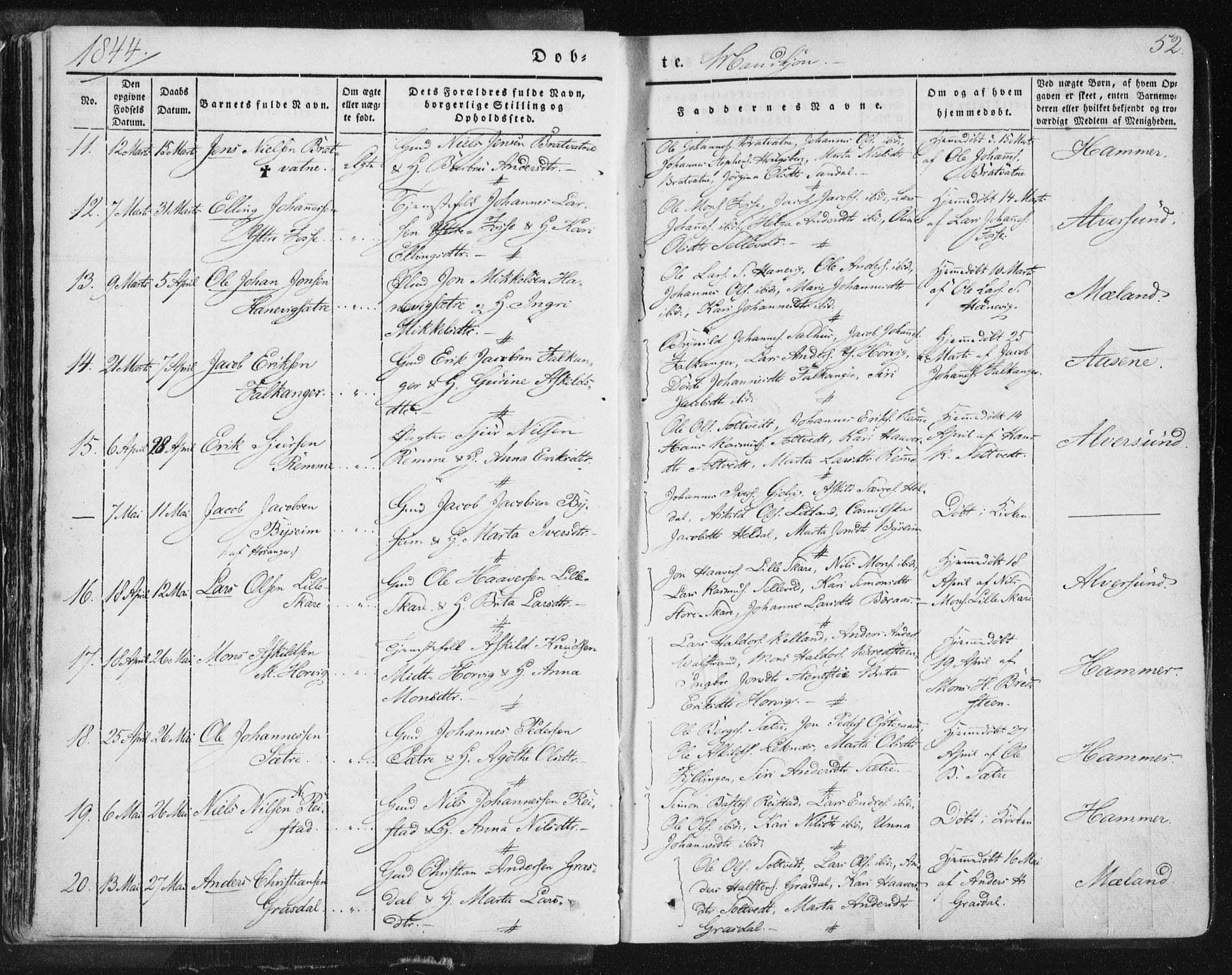 Hamre sokneprestembete, AV/SAB-A-75501/H/Ha/Haa/Haaa/L0012: Parish register (official) no. A 12, 1834-1845, p. 52