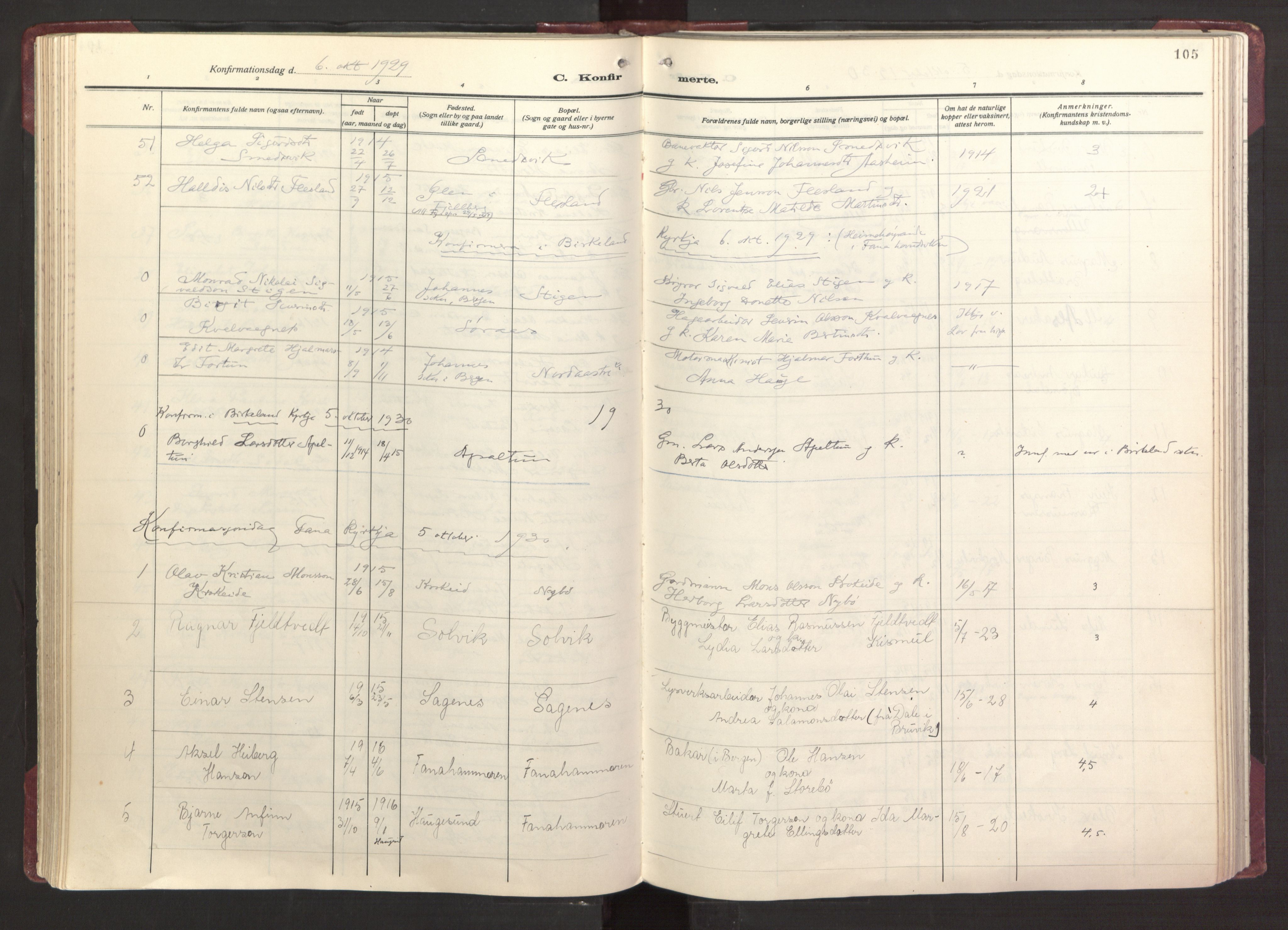 Fana Sokneprestembete, AV/SAB-A-75101/H/Haa/Haab/L0006: Parish register (official) no. B 6, 1923-1967, p. 105