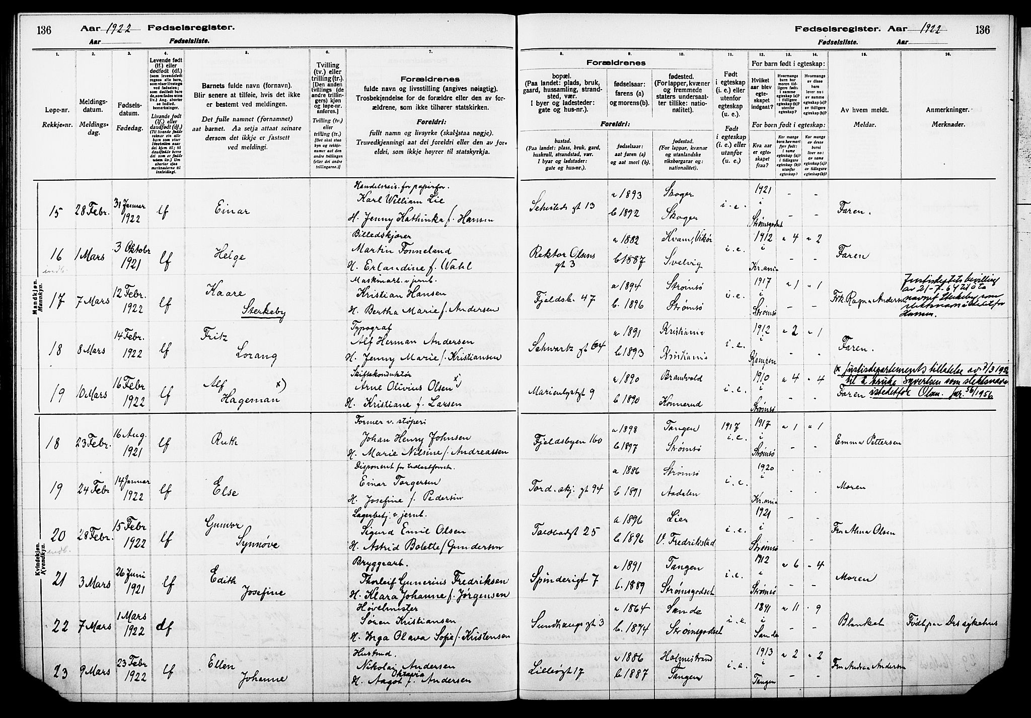 Strømsø kirkebøker, AV/SAKO-A-246/J/Ja/L0001: Birth register no. I 1, 1916-1925, p. 136