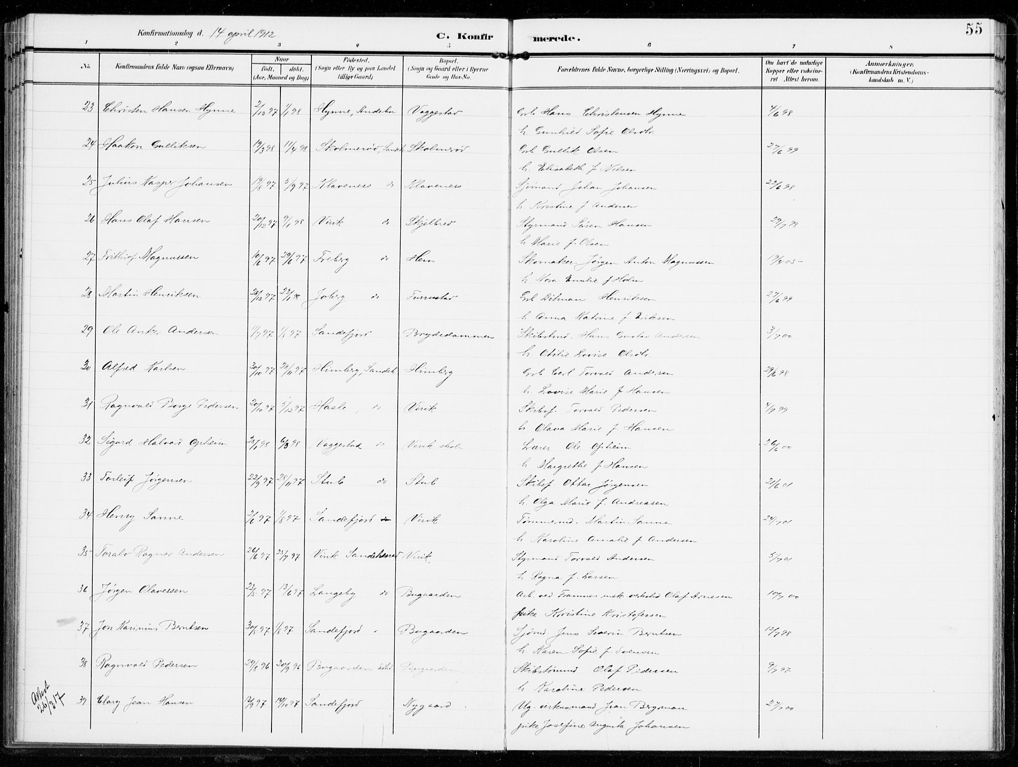 Sandar kirkebøker, SAKO/A-243/F/Fa/L0017: Parish register (official) no. 17, 1907-1917, p. 55