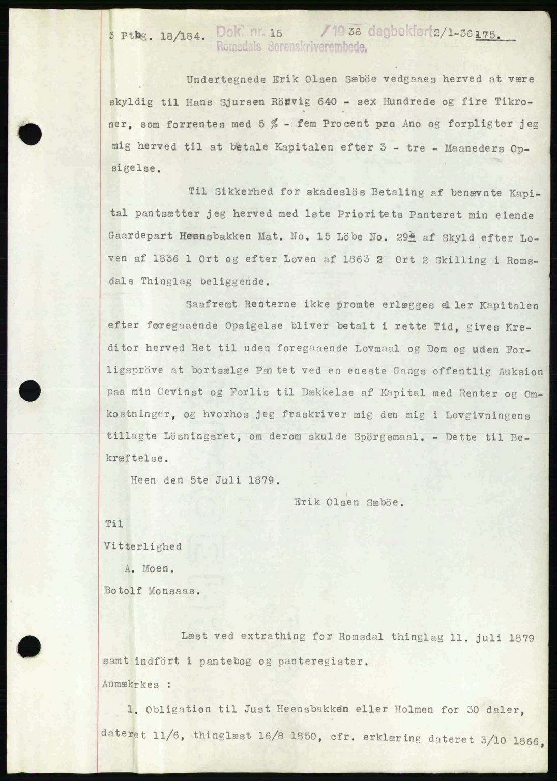 Romsdal sorenskriveri, AV/SAT-A-4149/1/2/2C: Mortgage book no. B1, 1936-1939, Diary no: : 18/1936