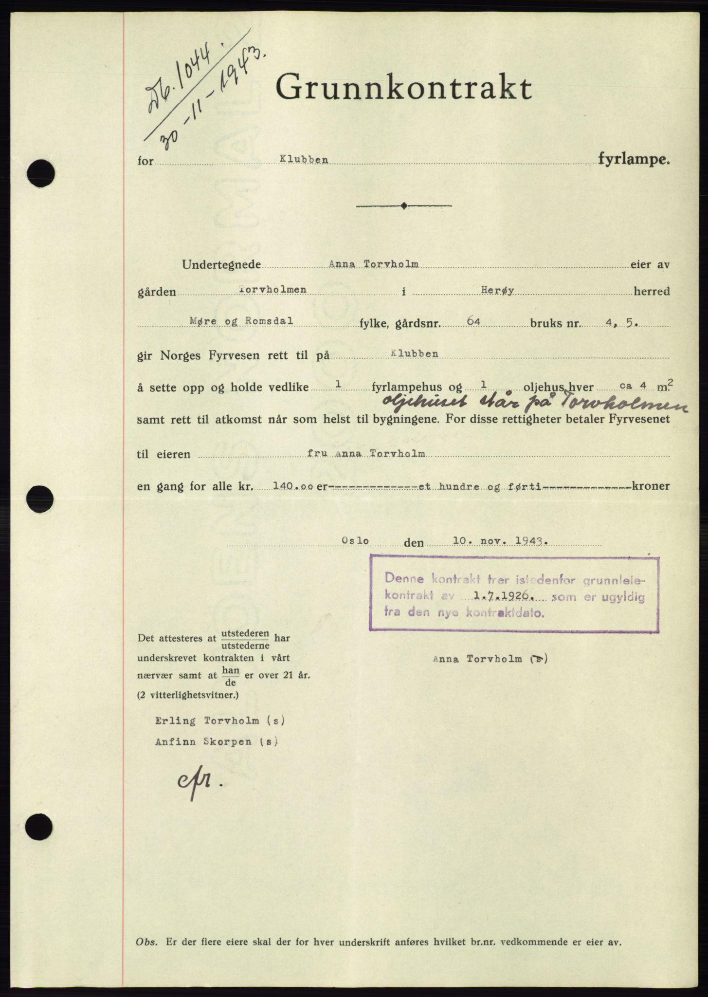 Søre Sunnmøre sorenskriveri, AV/SAT-A-4122/1/2/2C/L0075: Mortgage book no. 1A, 1943-1943, Diary no: : 1044/1943