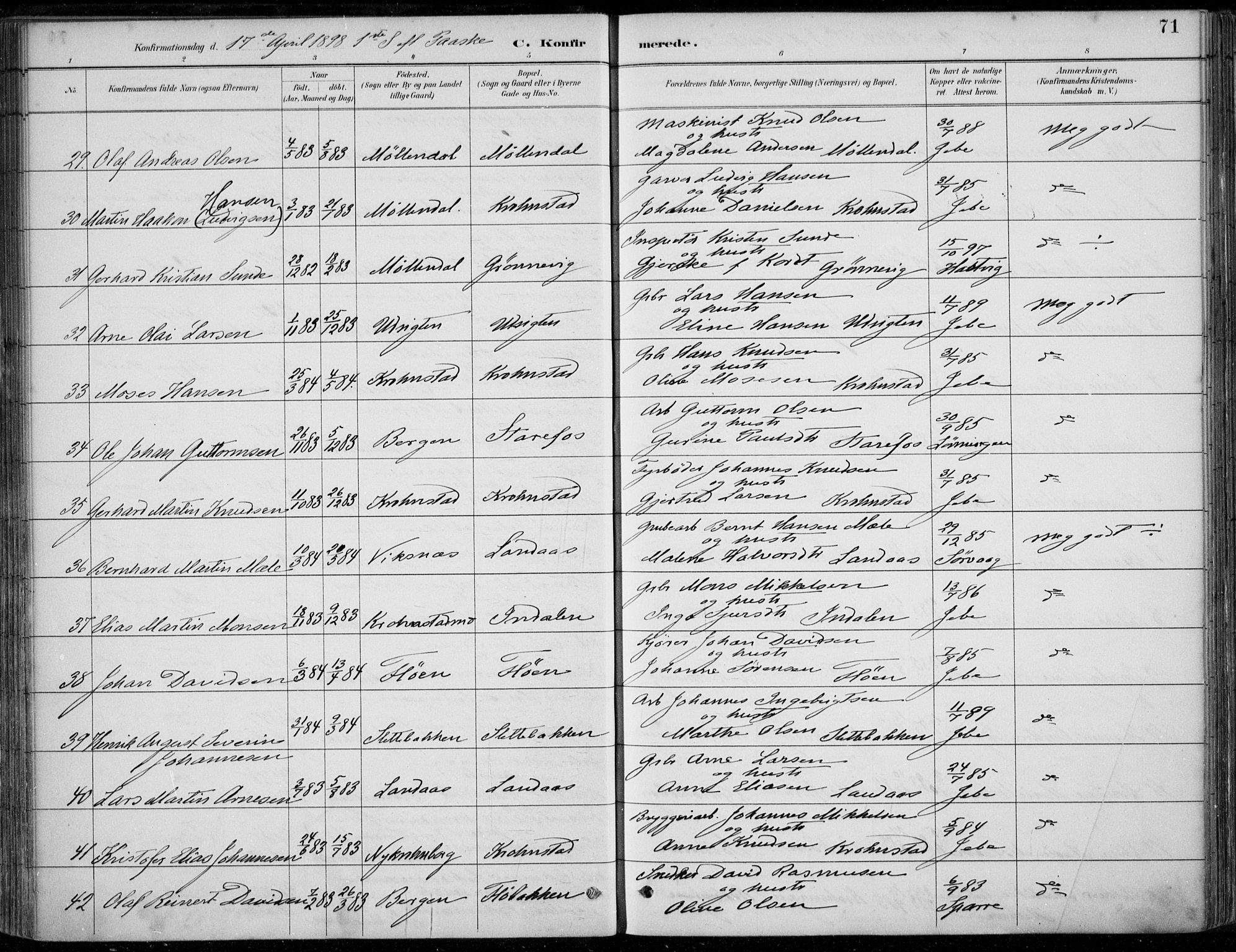 Årstad Sokneprestembete, AV/SAB-A-79301/H/Haa/L0006: Parish register (official) no. B 1, 1886-1901, p. 71