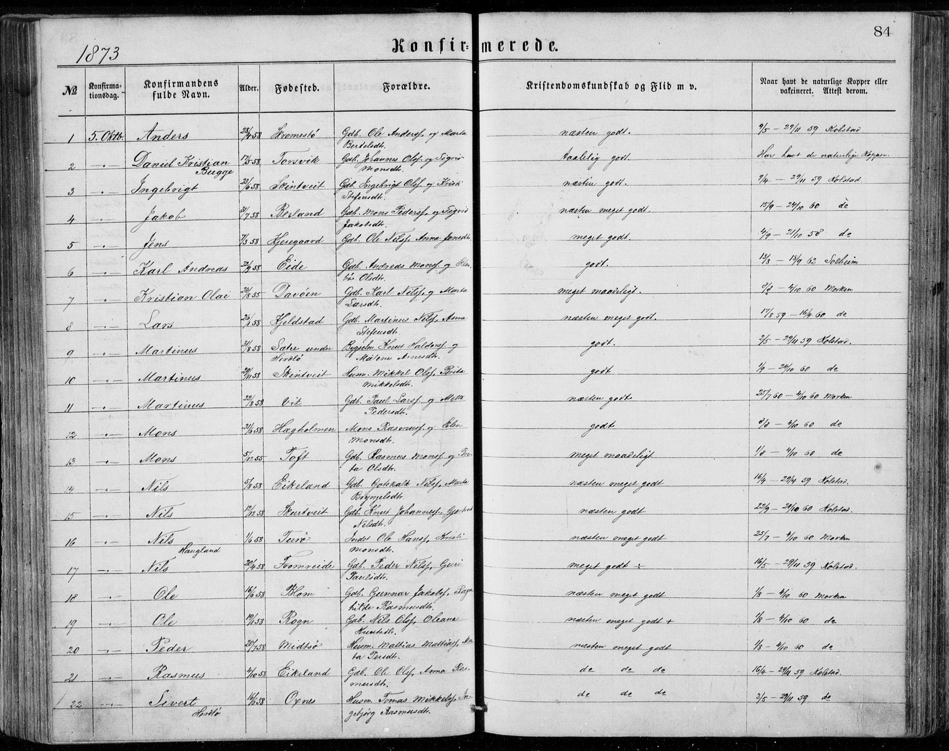 Herdla Sokneprestembete, AV/SAB-A-75701/H/Haa: Parish register (official) no. A 2, 1869-1877, p. 84