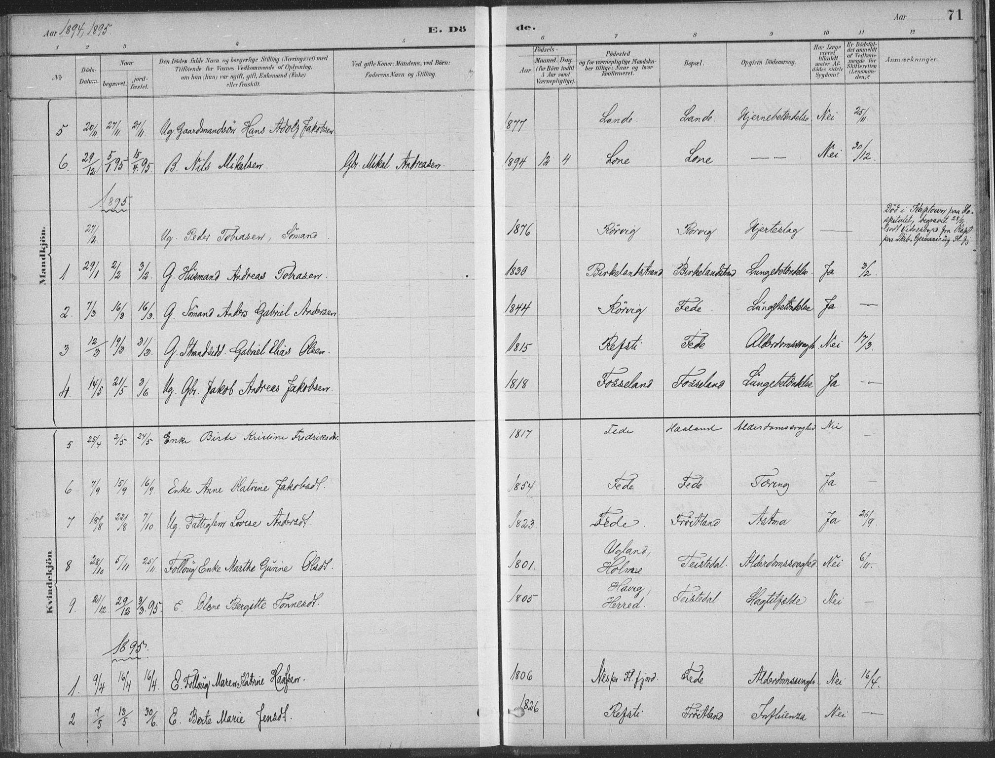 Kvinesdal sokneprestkontor, SAK/1111-0026/F/Fa/Faa/L0004: Parish register (official) no. A 4, 1882-1897, p. 71