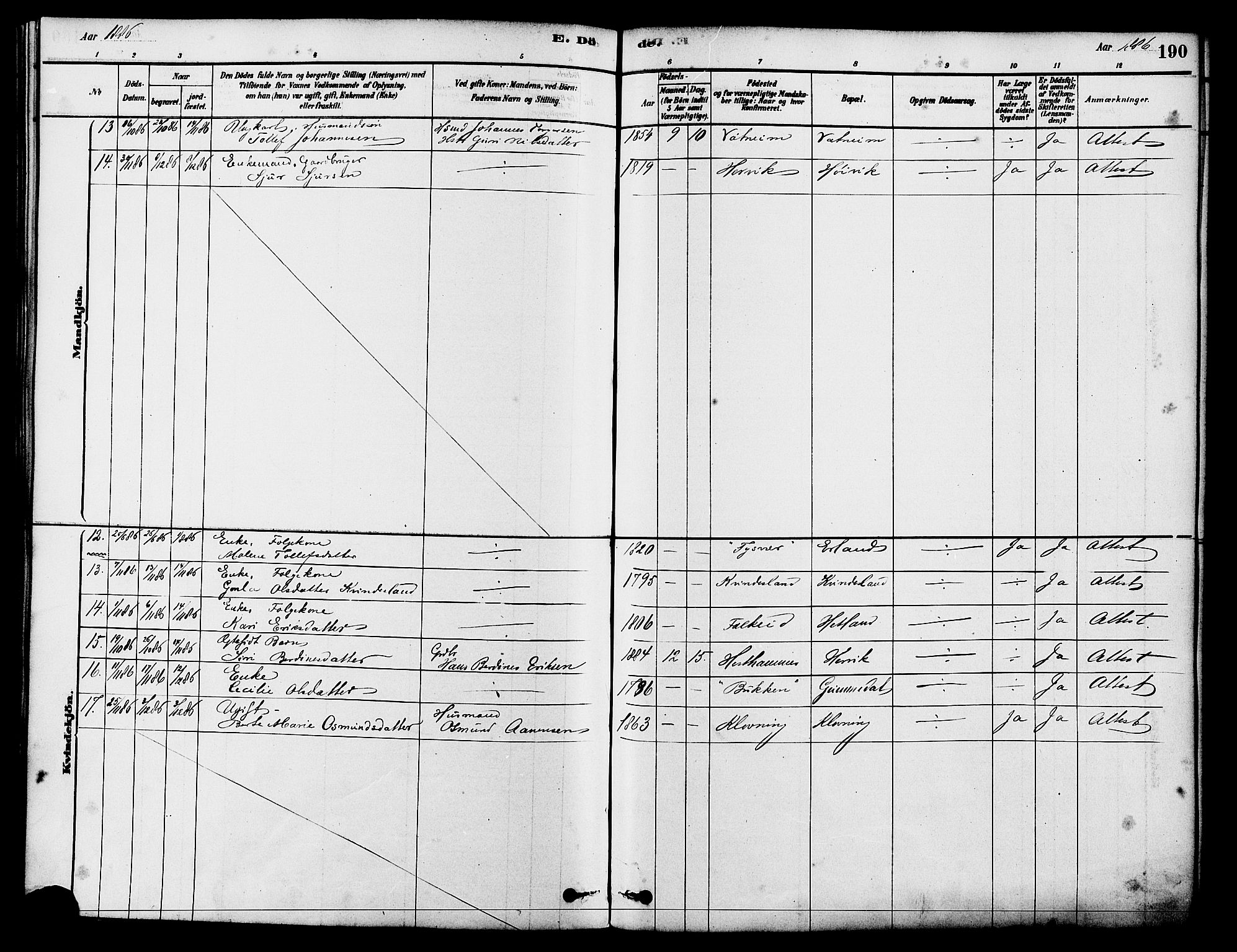 Tysvær sokneprestkontor, AV/SAST-A -101864/H/Ha/Haa/L0006: Parish register (official) no. A 6, 1878-1896, p. 190