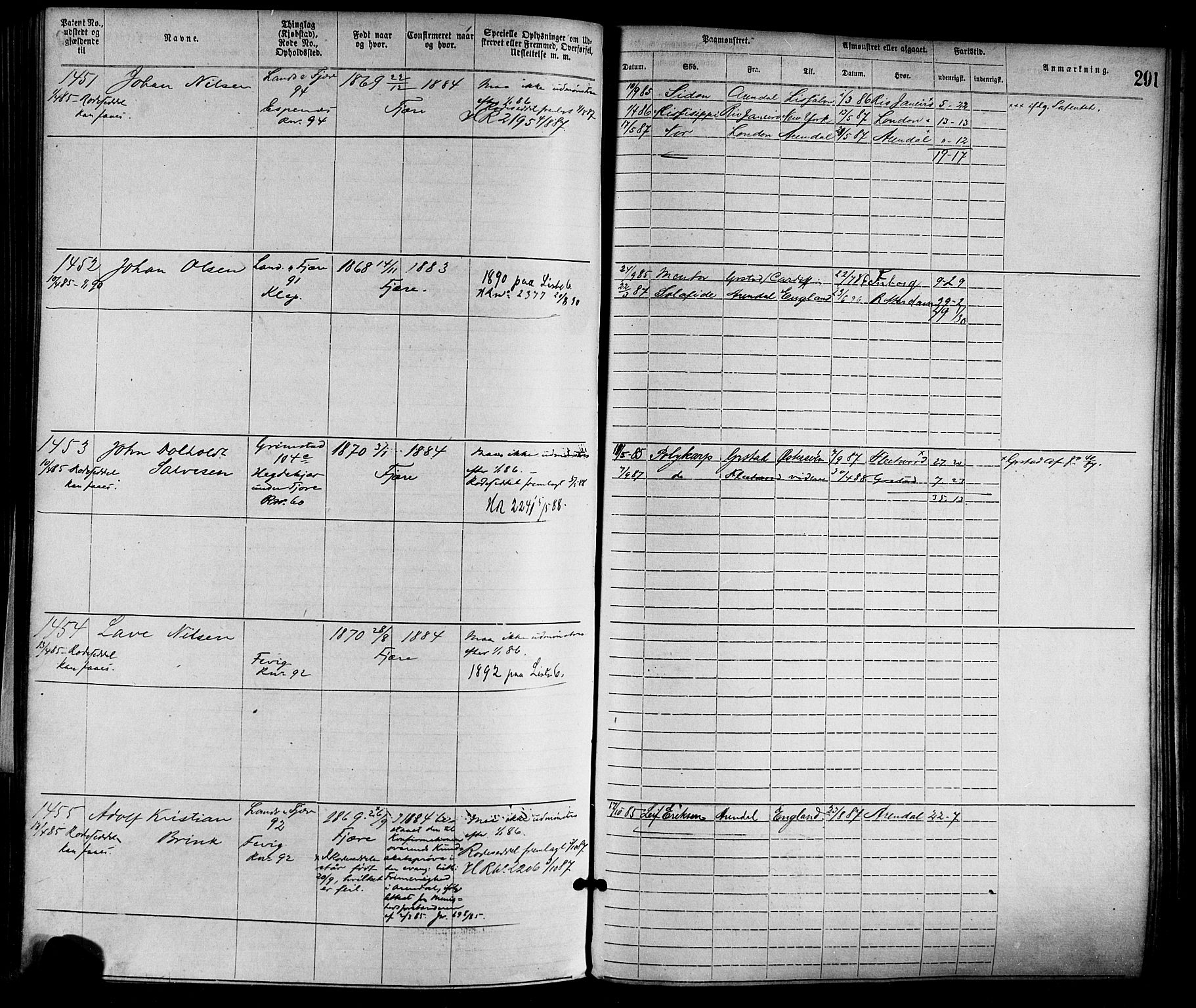 Grimstad mønstringskrets, SAK/2031-0013/F/Fa/L0001: Annotasjonsrulle nr 1-1920 med register, F-1, 1870-1892, p. 323