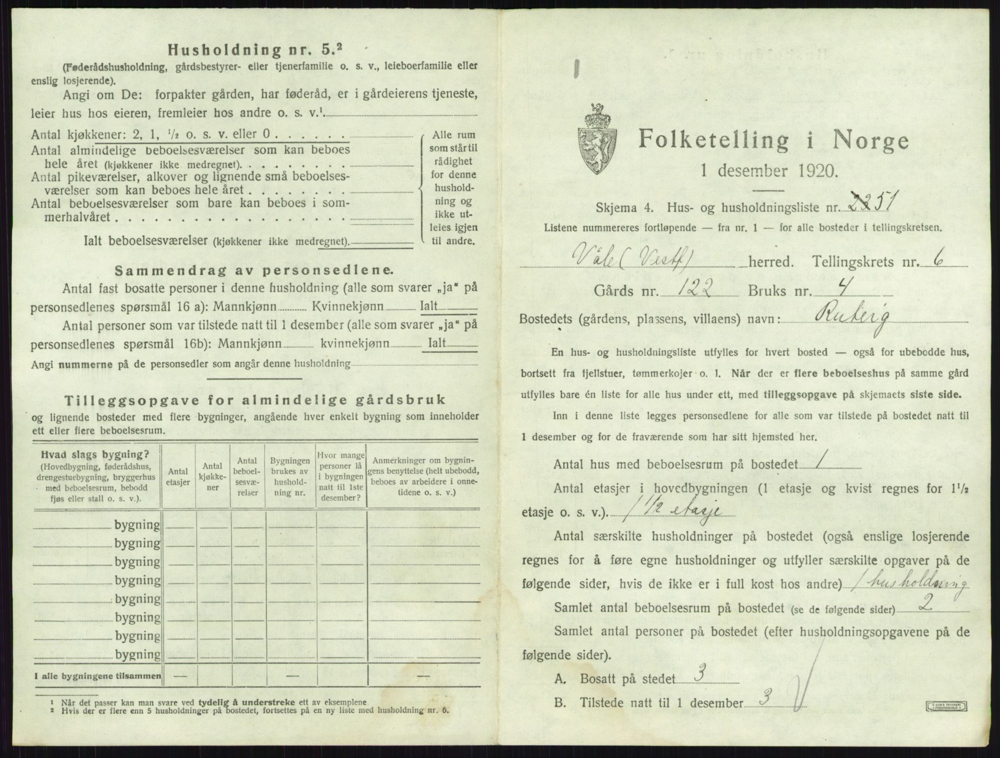 SAKO, 1920 census for Våle, 1920, p. 848