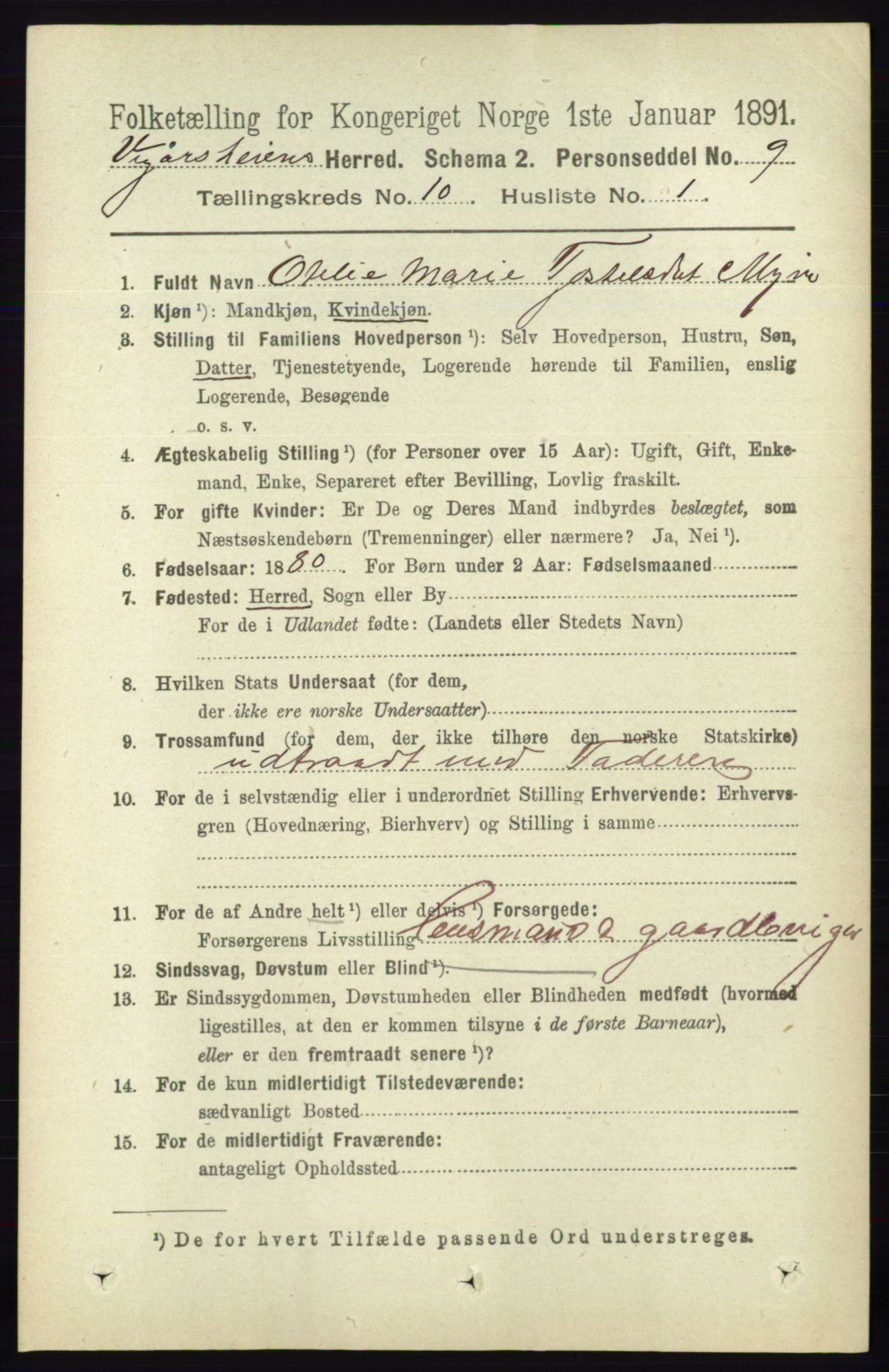 RA, 1891 census for 0912 Vegårshei, 1891, p. 1916