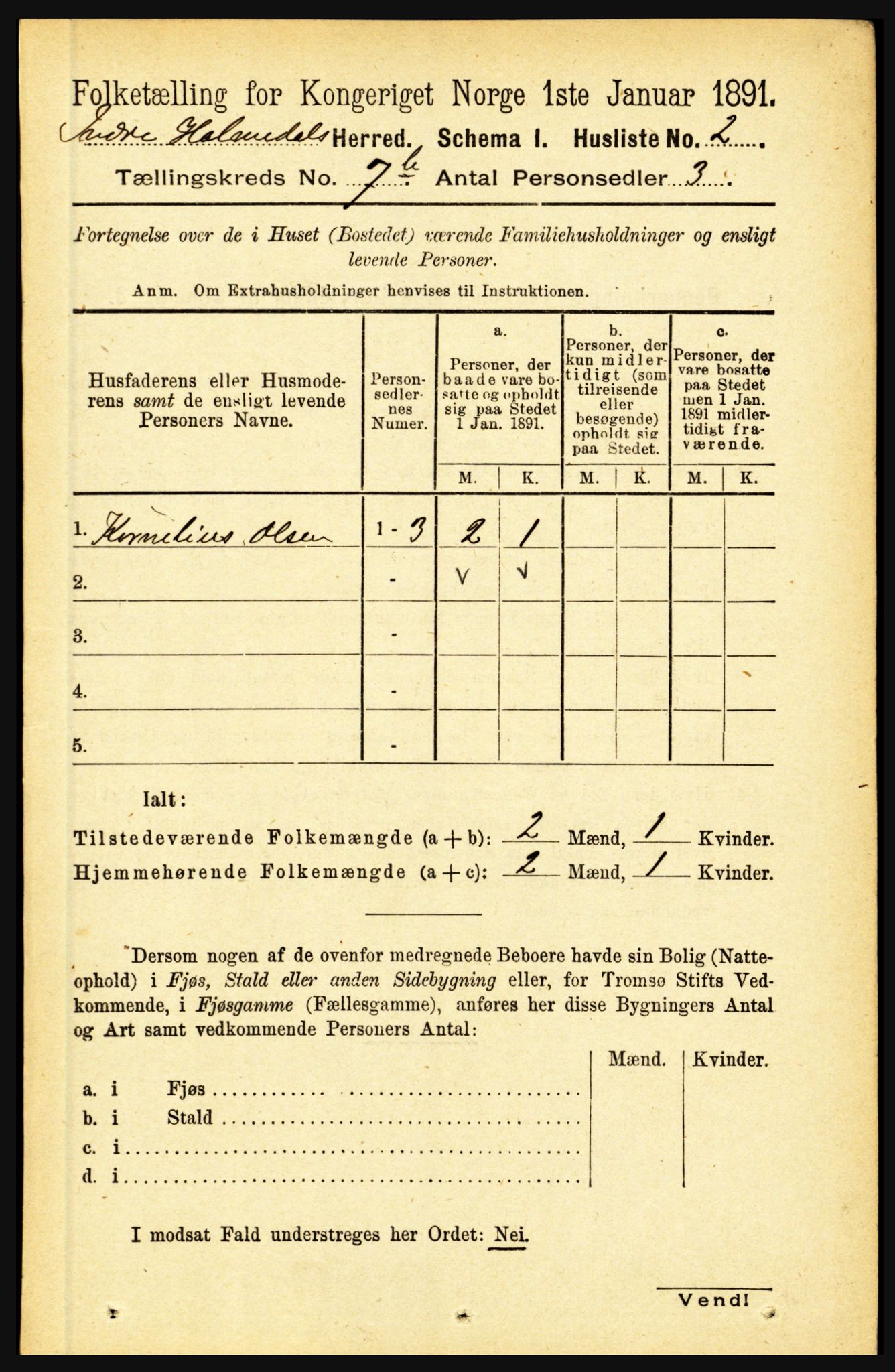 RA, 1891 census for 1430 Indre Holmedal, 1891, p. 2991