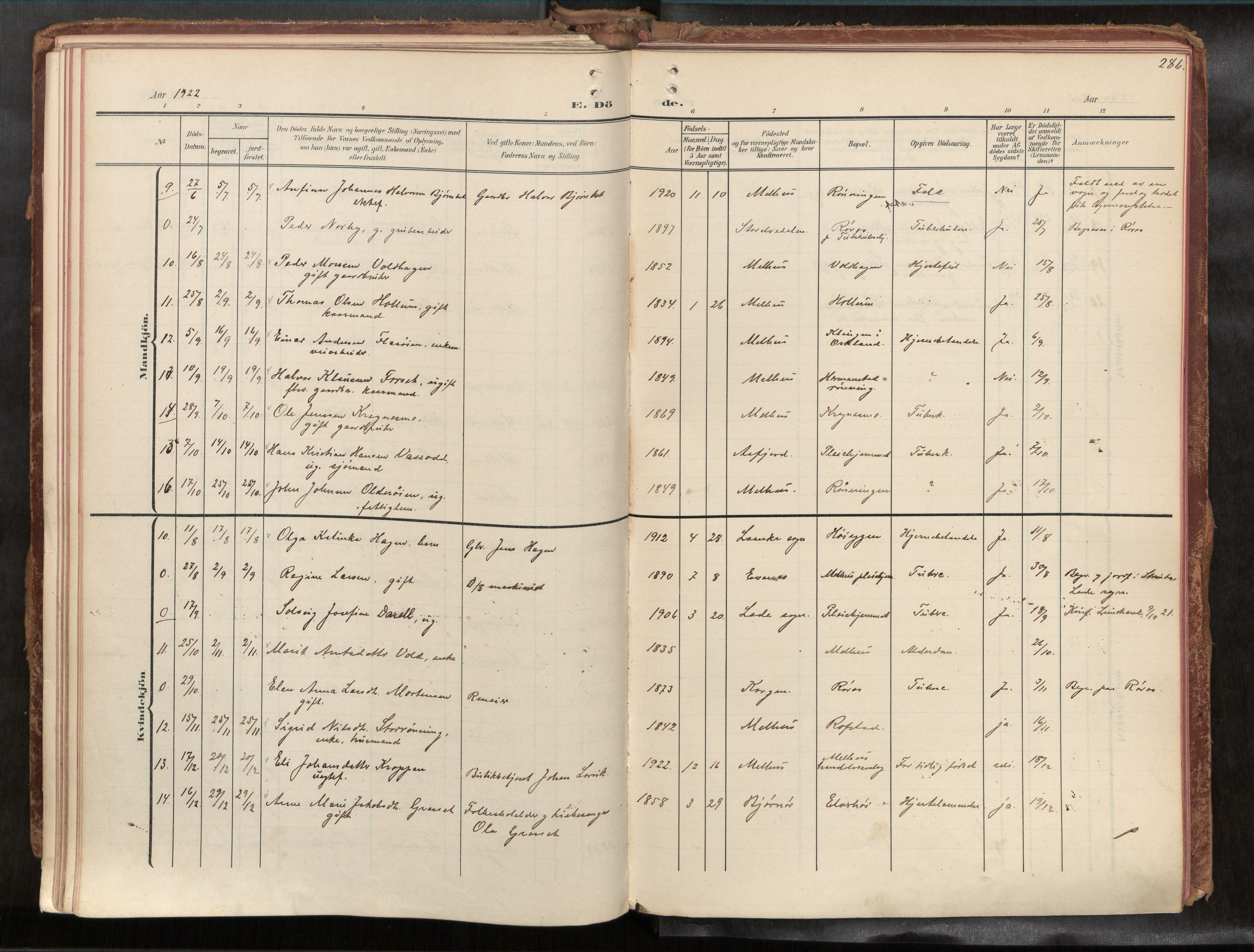 Ministerialprotokoller, klokkerbøker og fødselsregistre - Sør-Trøndelag, SAT/A-1456/691/L1085b: Parish register (official) no. 691A18, 1908-1930, p. 286