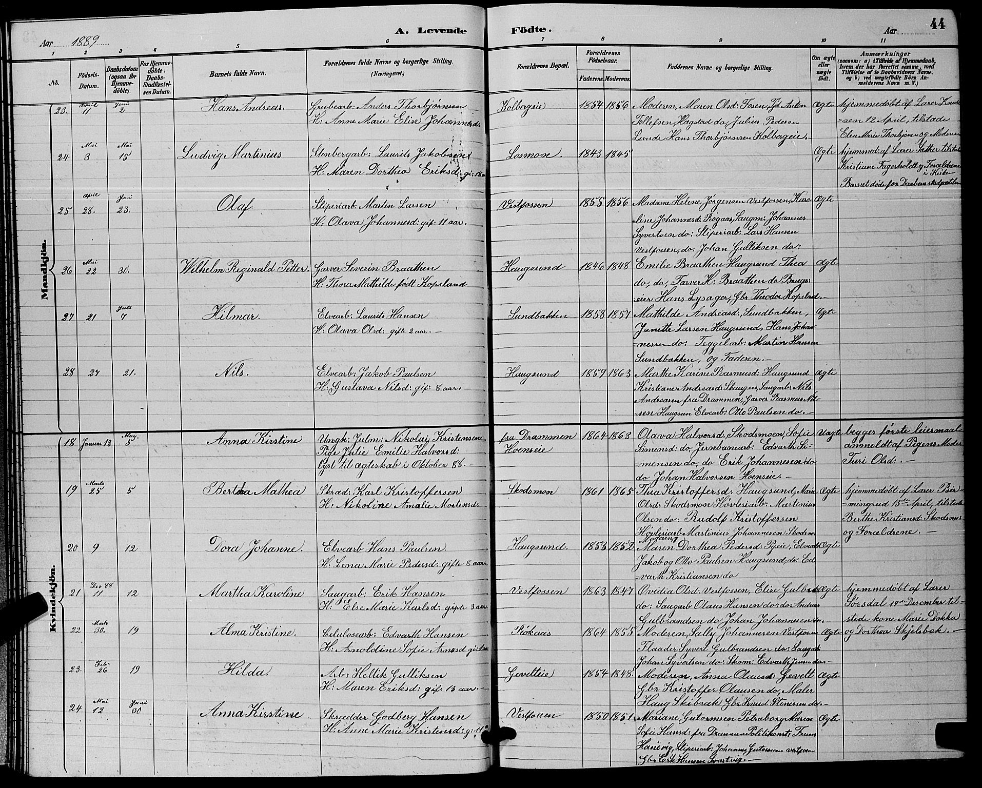 Eiker kirkebøker, AV/SAKO-A-4/G/Ga/L0006: Parish register (copy) no. I 6, 1885-1893, p. 44