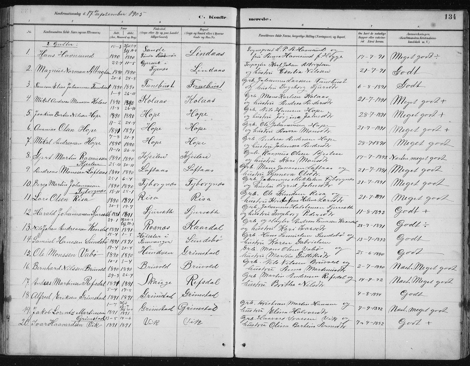 Lindås Sokneprestembete, SAB/A-76701/H/Hab: Parish register (copy) no. B 3, 1886-1914, p. 134