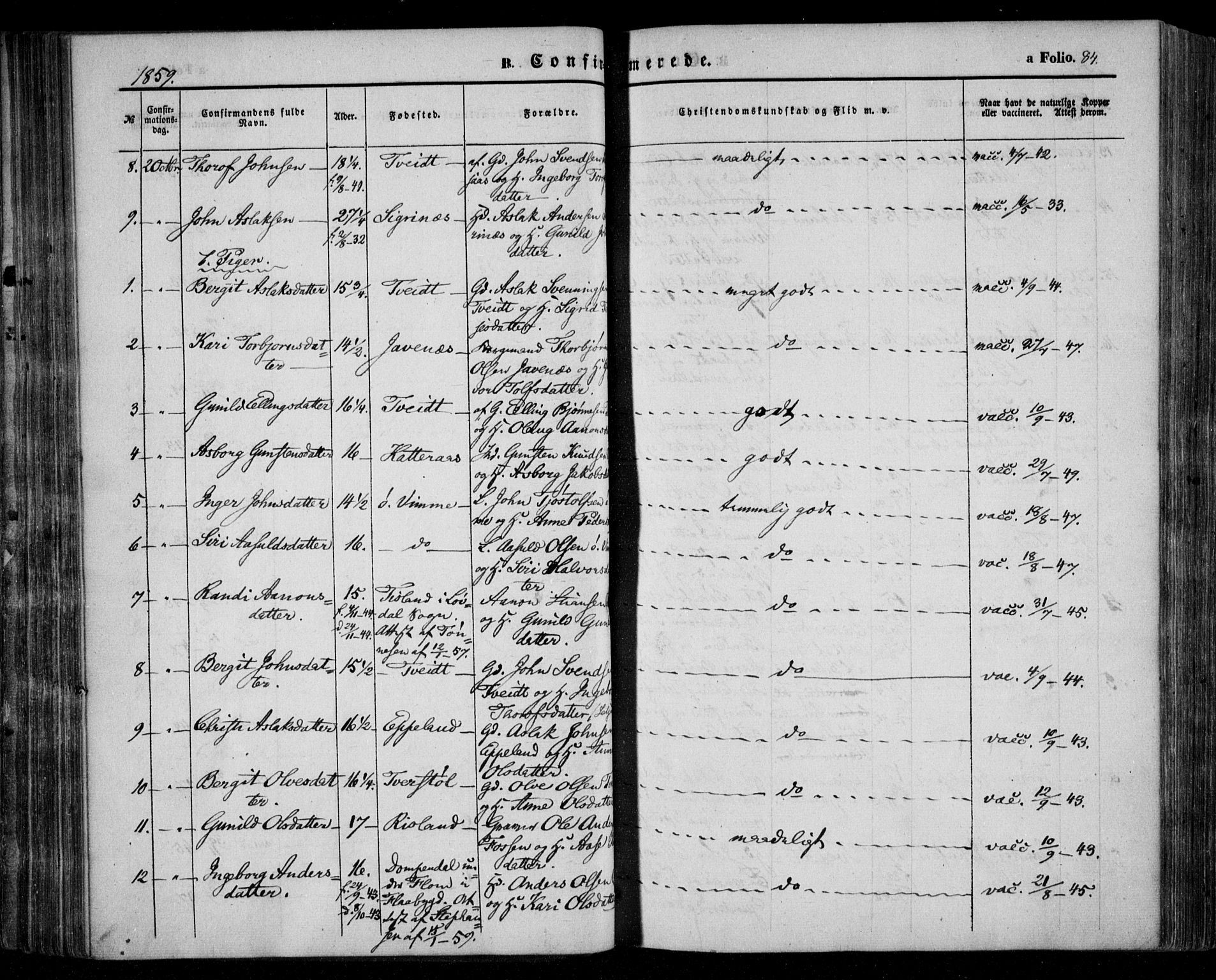 Åmli sokneprestkontor, SAK/1111-0050/F/Fa/Fac/L0008: Parish register (official) no. A 8, 1852-1869, p. 84