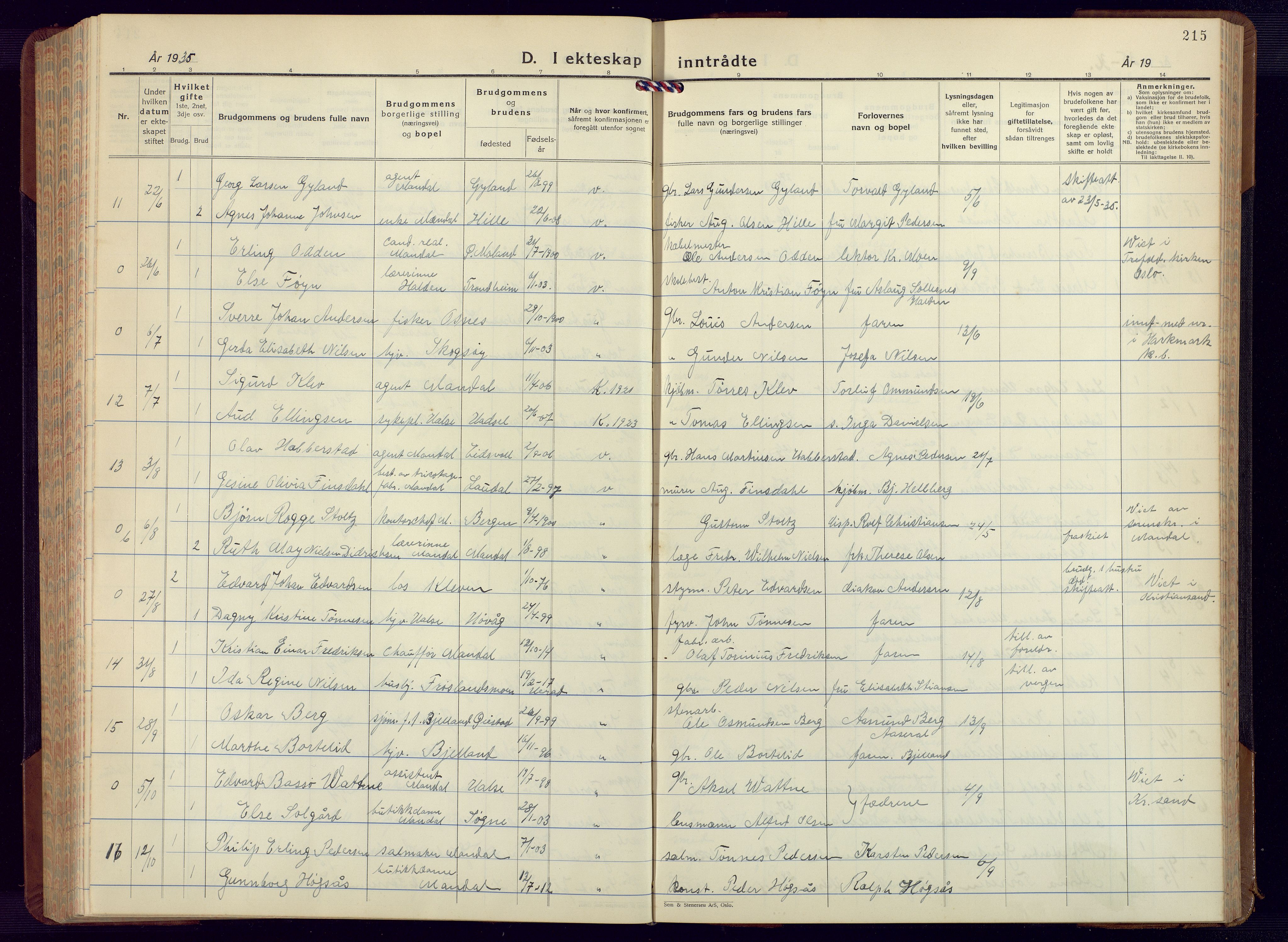 Mandal sokneprestkontor, AV/SAK-1111-0030/F/Fb/Fbc/L0002: Parish register (copy) no. B 2, 1931-1949, p. 215