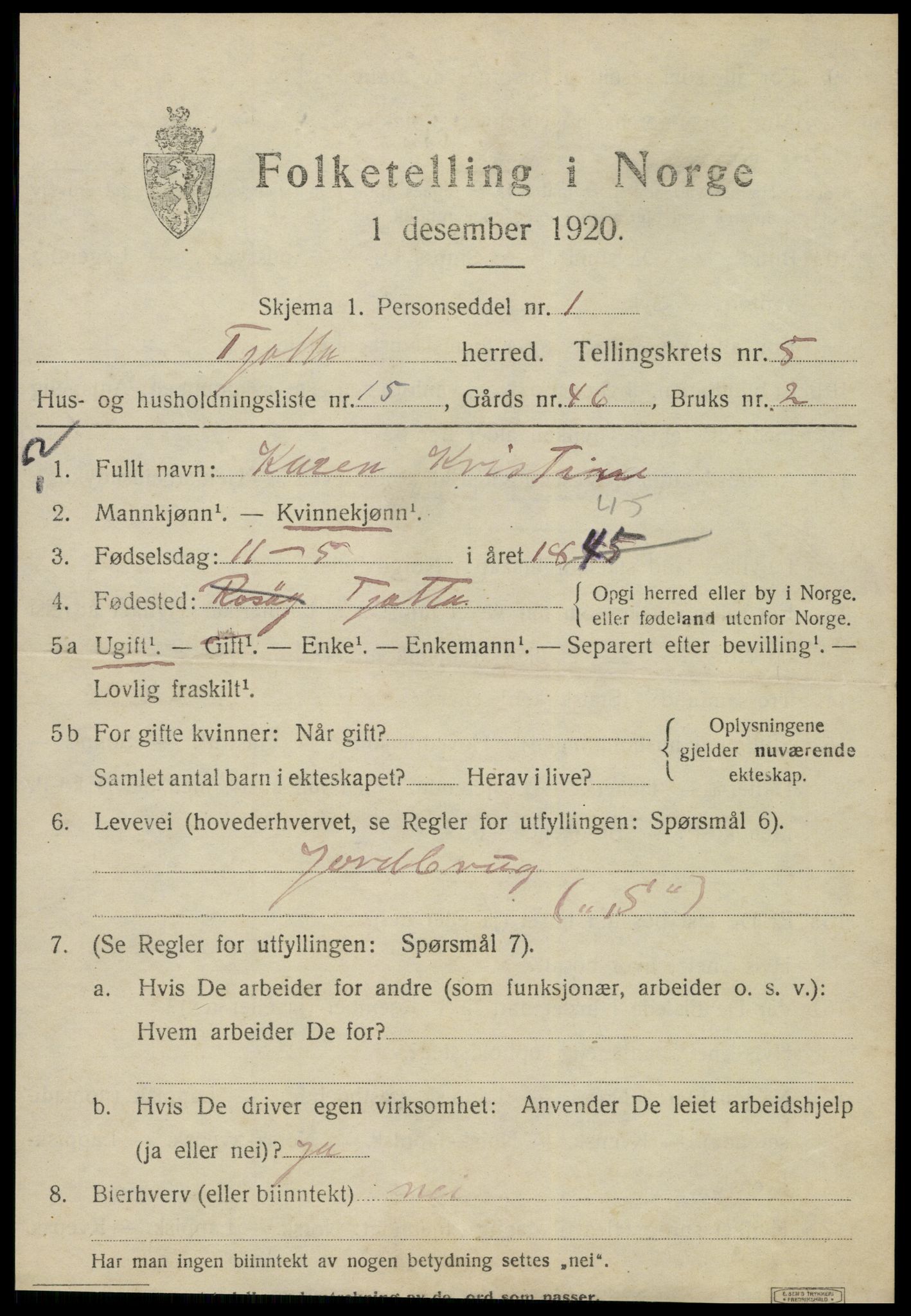 SAT, 1920 census for Tjøtta, 1920, p. 2165