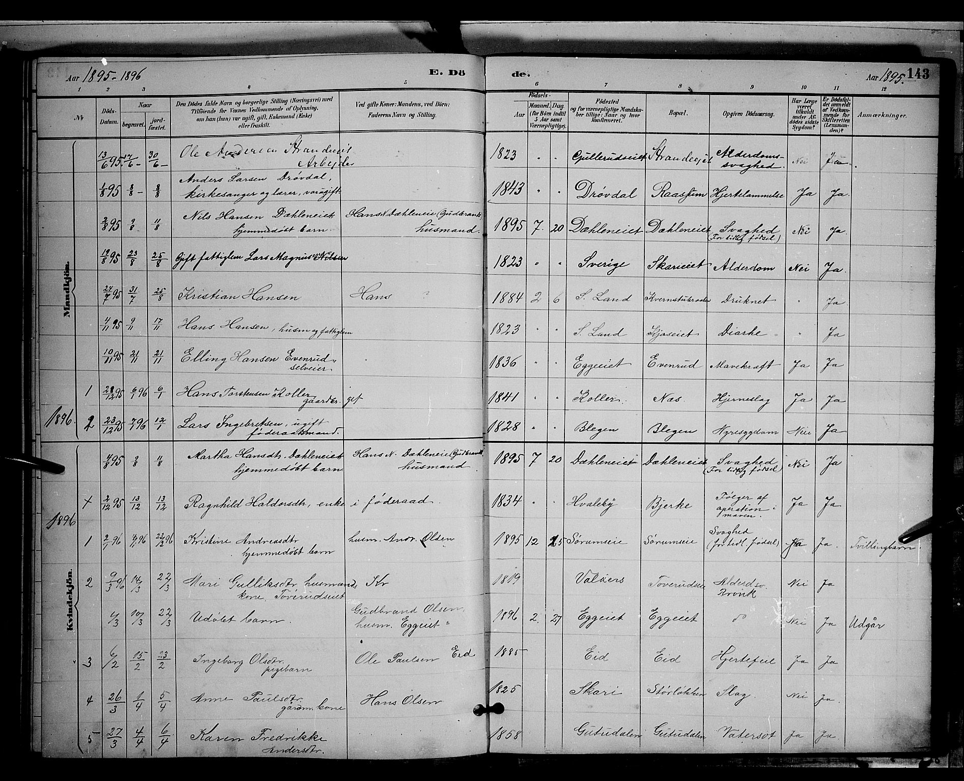 Gran prestekontor, SAH/PREST-112/H/Ha/Hab/L0004: Parish register (copy) no. 4, 1890-1899, p. 143