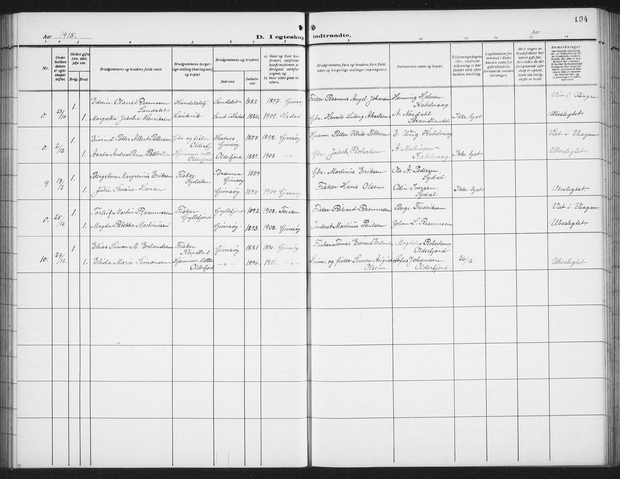 Ministerialprotokoller, klokkerbøker og fødselsregistre - Nordland, AV/SAT-A-1459/876/L1106: Parish register (copy) no. 876C05, 1915-1942, p. 194