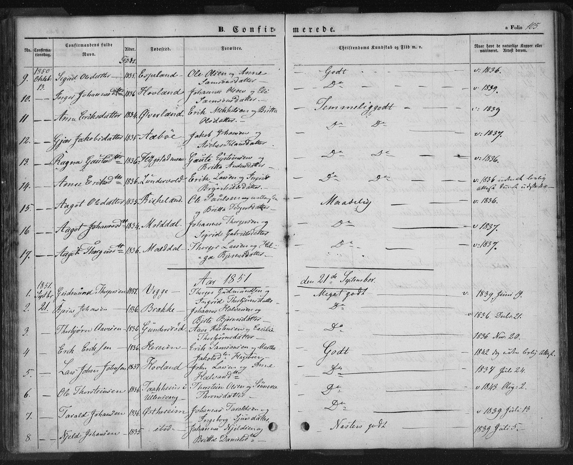 Sand sokneprestkontor, AV/SAST-A-101848/01/III/L0002: Parish register (official) no. A 2, 1838-1859, p. 105