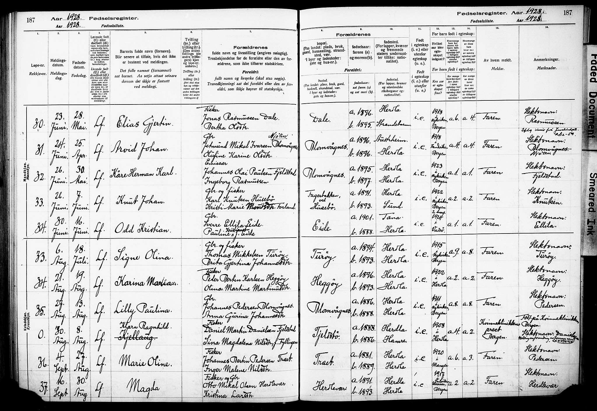 Herdla Sokneprestembete, AV/SAB-A-75701/I/Id/L00A1: Birth register no. A 1, 1916-1929, p. 187