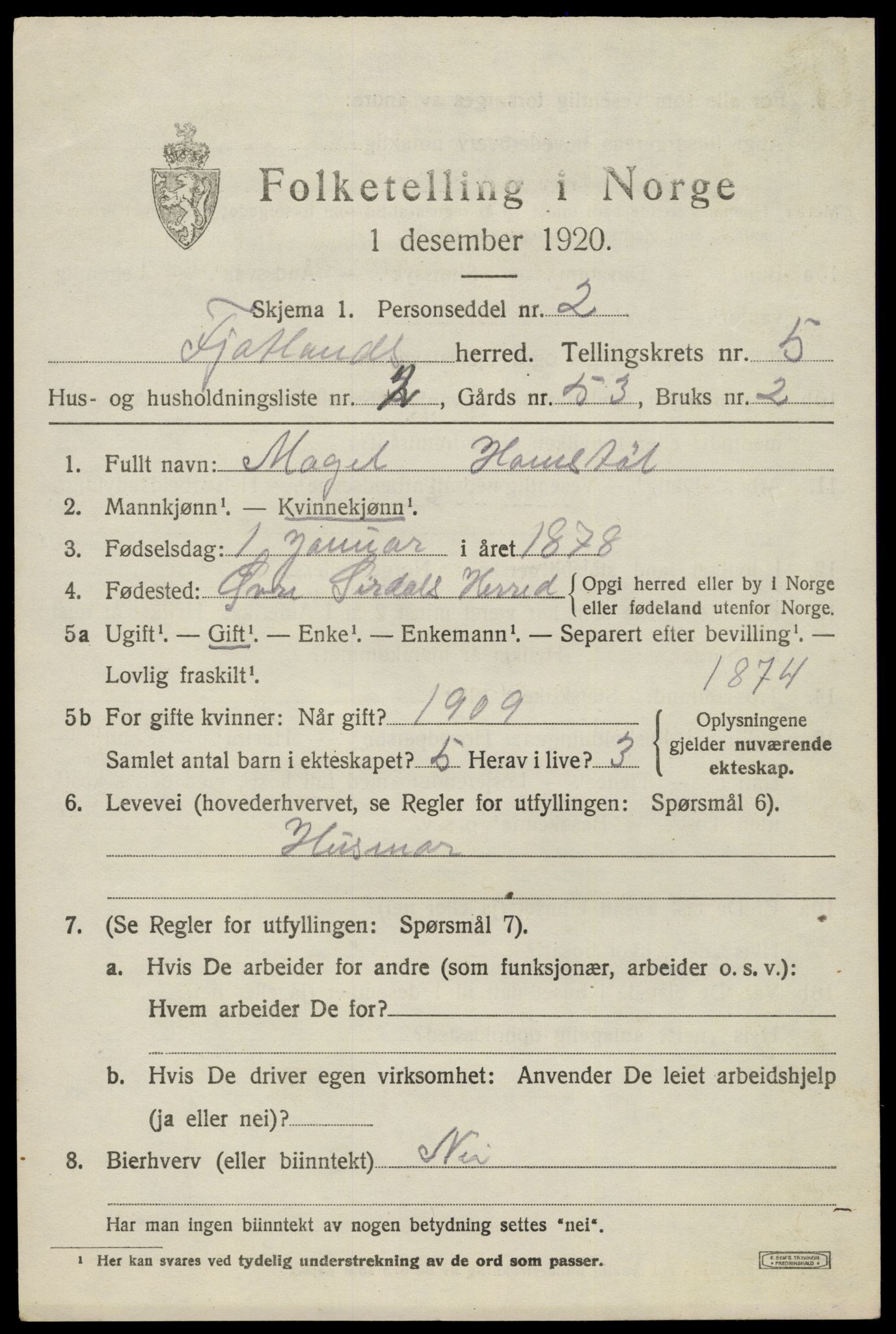 SAK, 1920 census for Fjotland, 1920, p. 1536