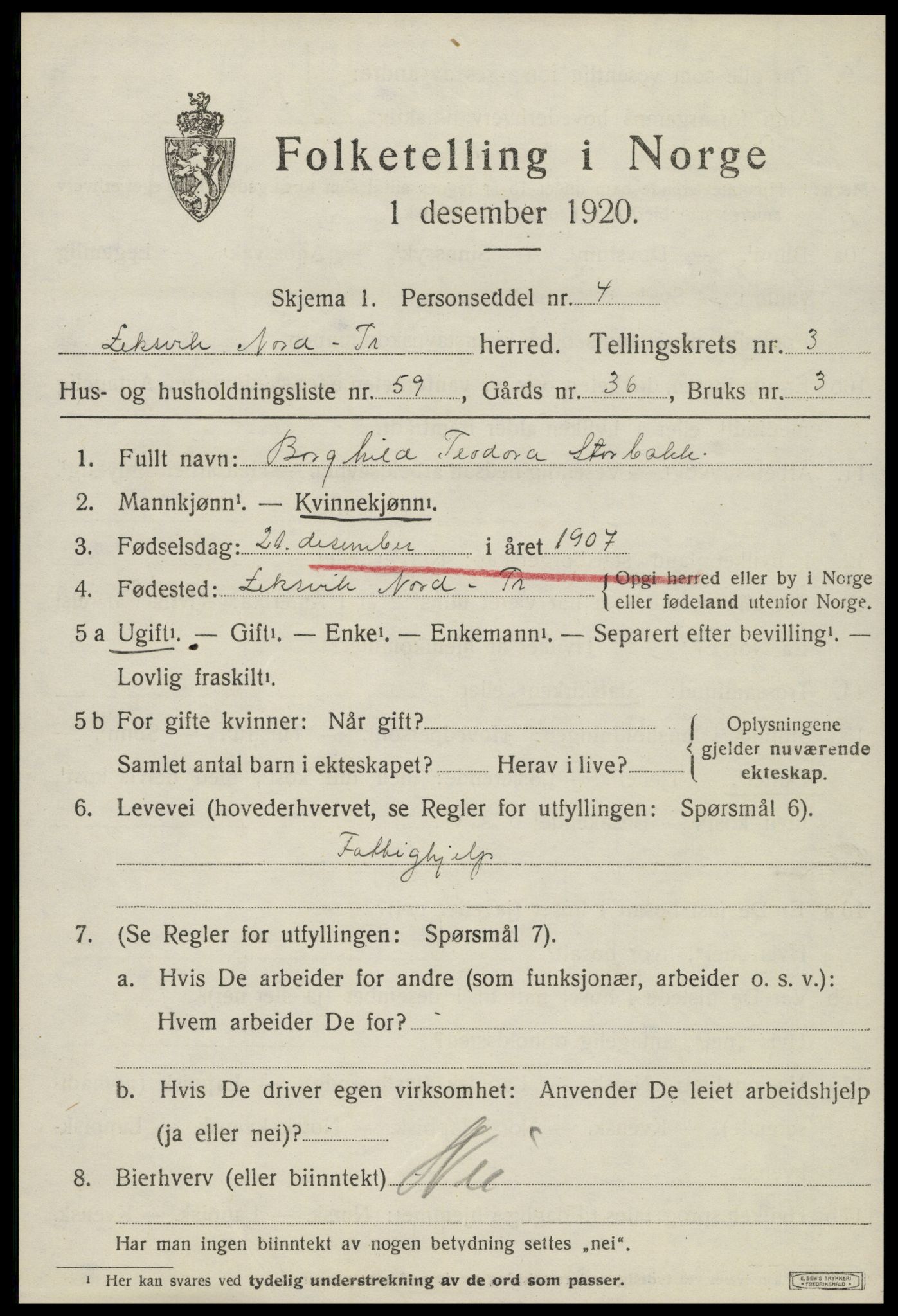 SAT, 1920 census for Leksvik, 1920, p. 3486