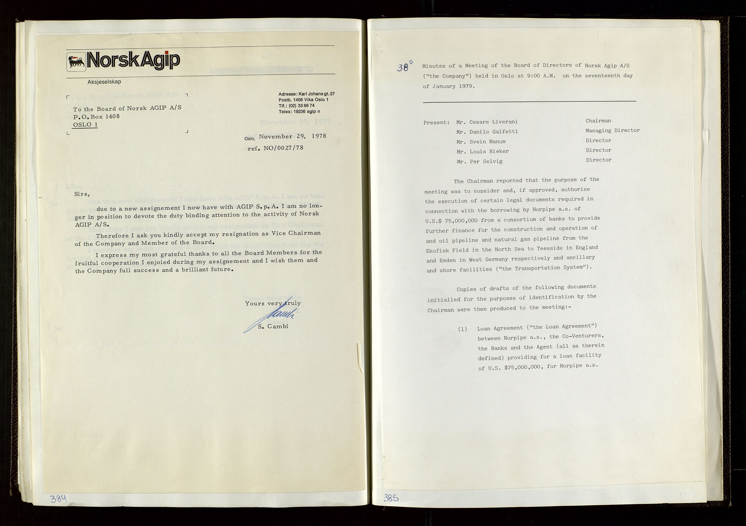 Pa 1583 - Norsk Agip AS, AV/SAST-A-102138/A/Aa/L0002: General assembly and Board of Directors meeting minutes, 1972-1979, p. 384-385
