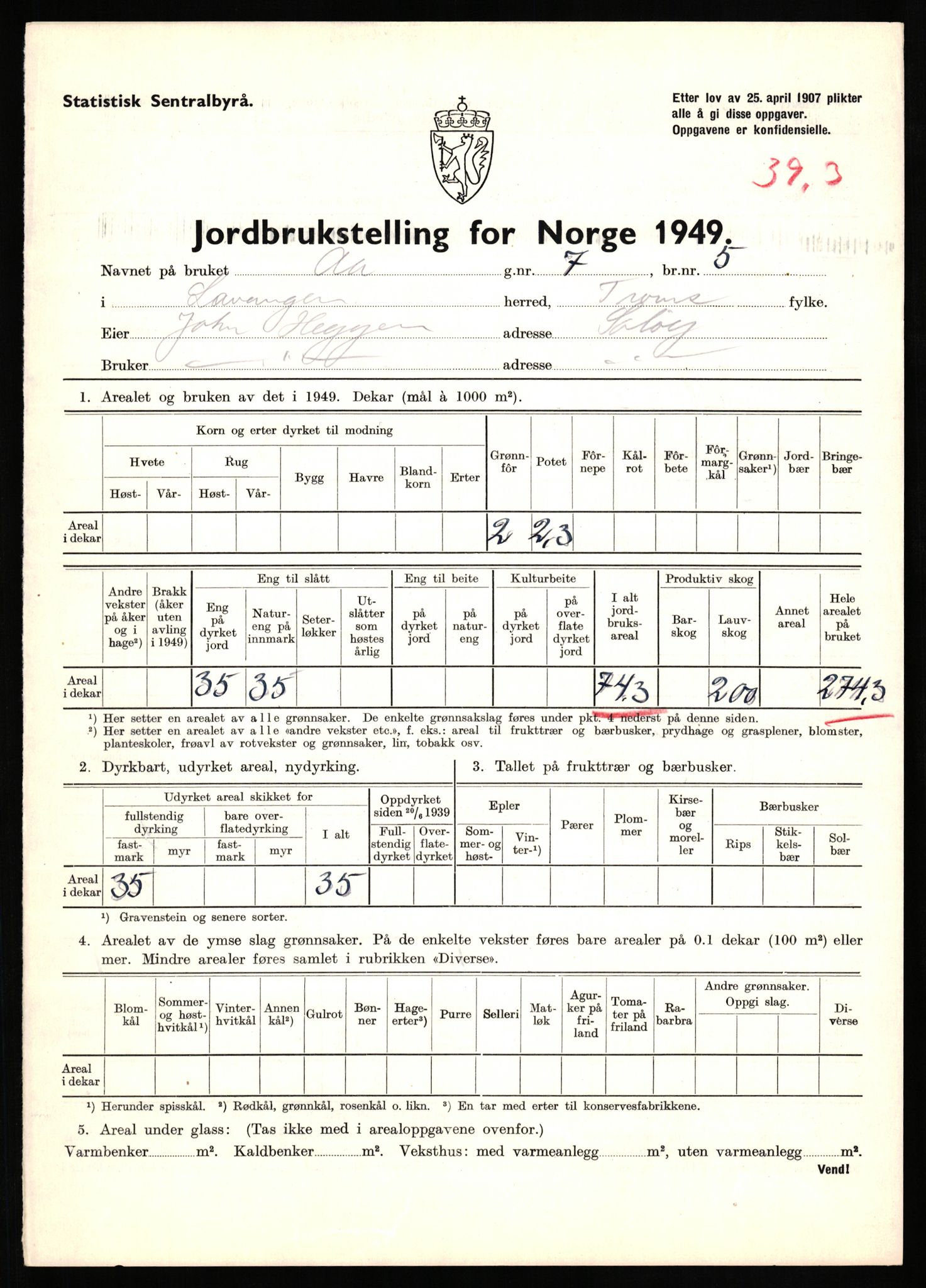 Statistisk sentralbyrå, Næringsøkonomiske emner, Jordbruk, skogbruk, jakt, fiske og fangst, AV/RA-S-2234/G/Gc/L0437: Troms: Gratangen og Lavangen, 1949, p. 519