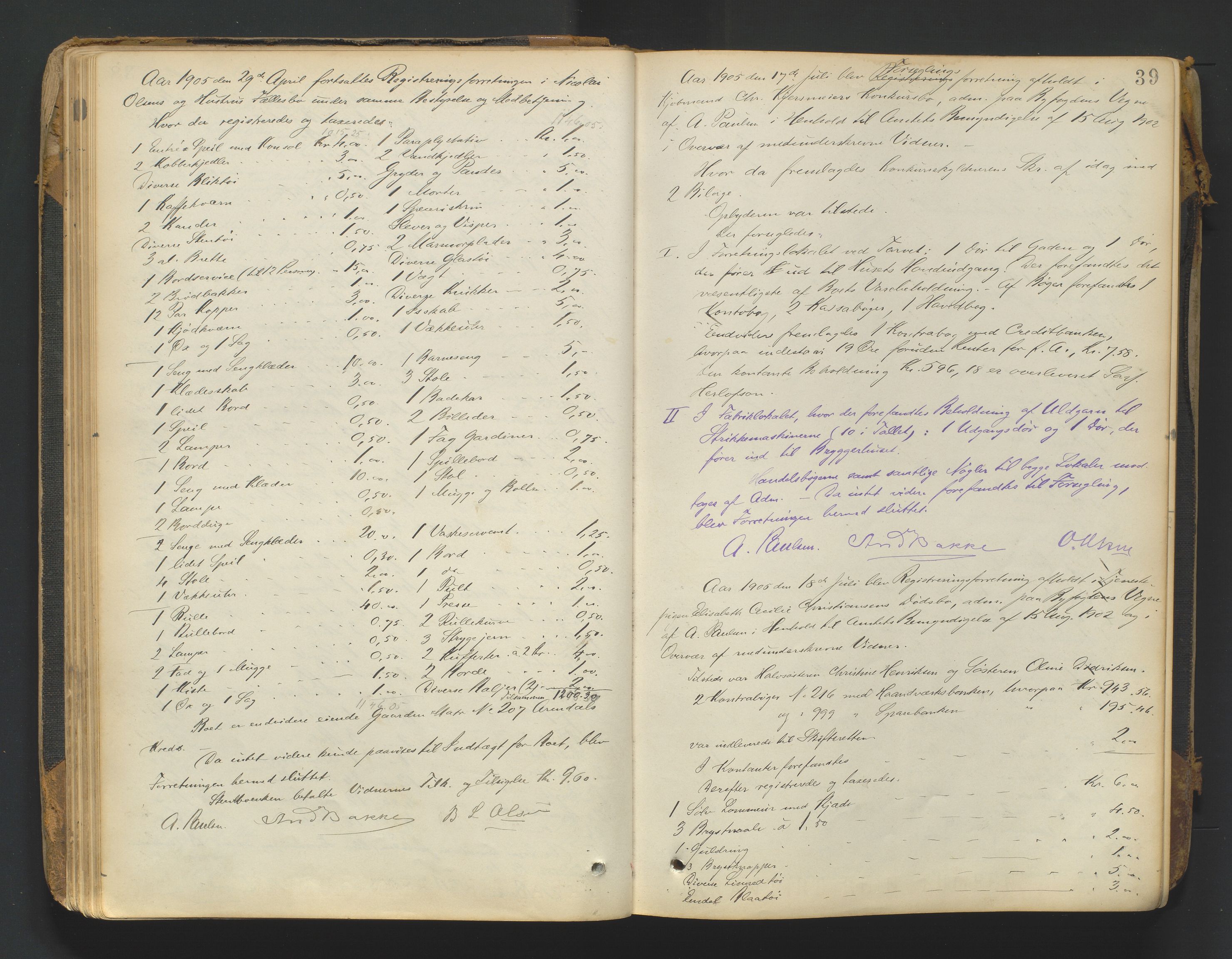 Arendal byfogd, AV/SAK-1222-0001/H/Hc/L0037: Skifteregistreringsprotokoll nr. 35, 1903-1926, p. 38b-39a