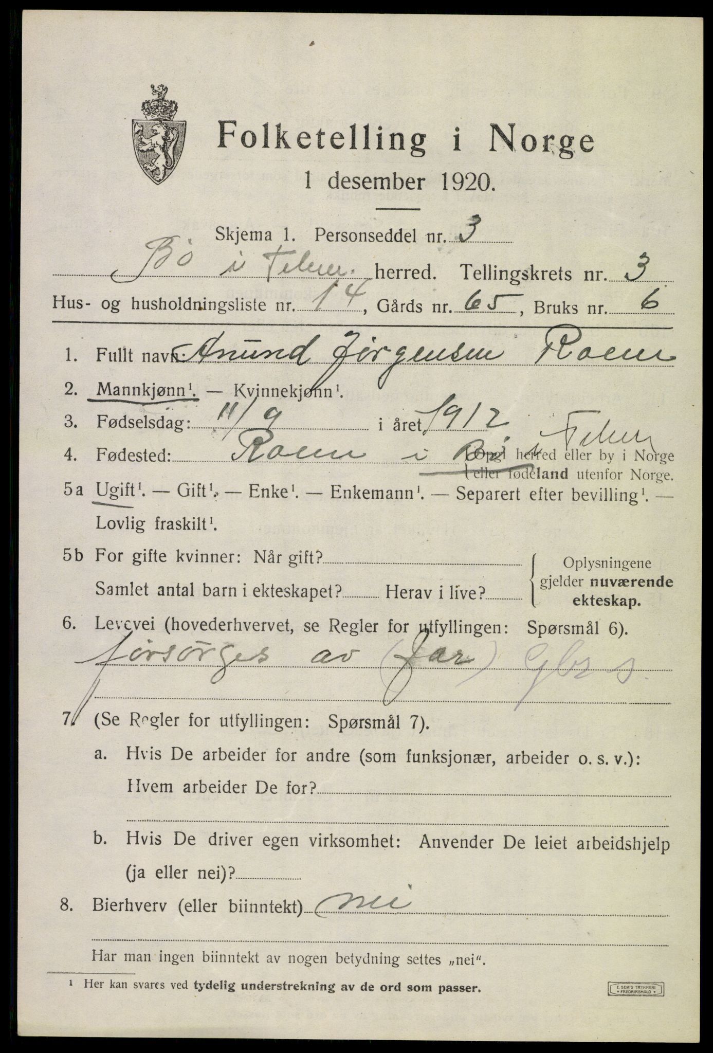 SAKO, 1920 census for Bø (Telemark), 1920, p. 2806