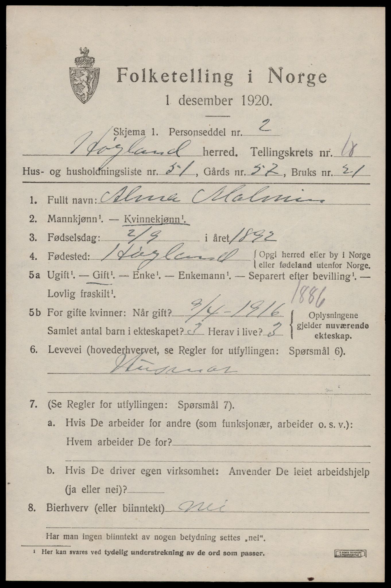 SAST, 1920 census for Høyland, 1920, p. 7826