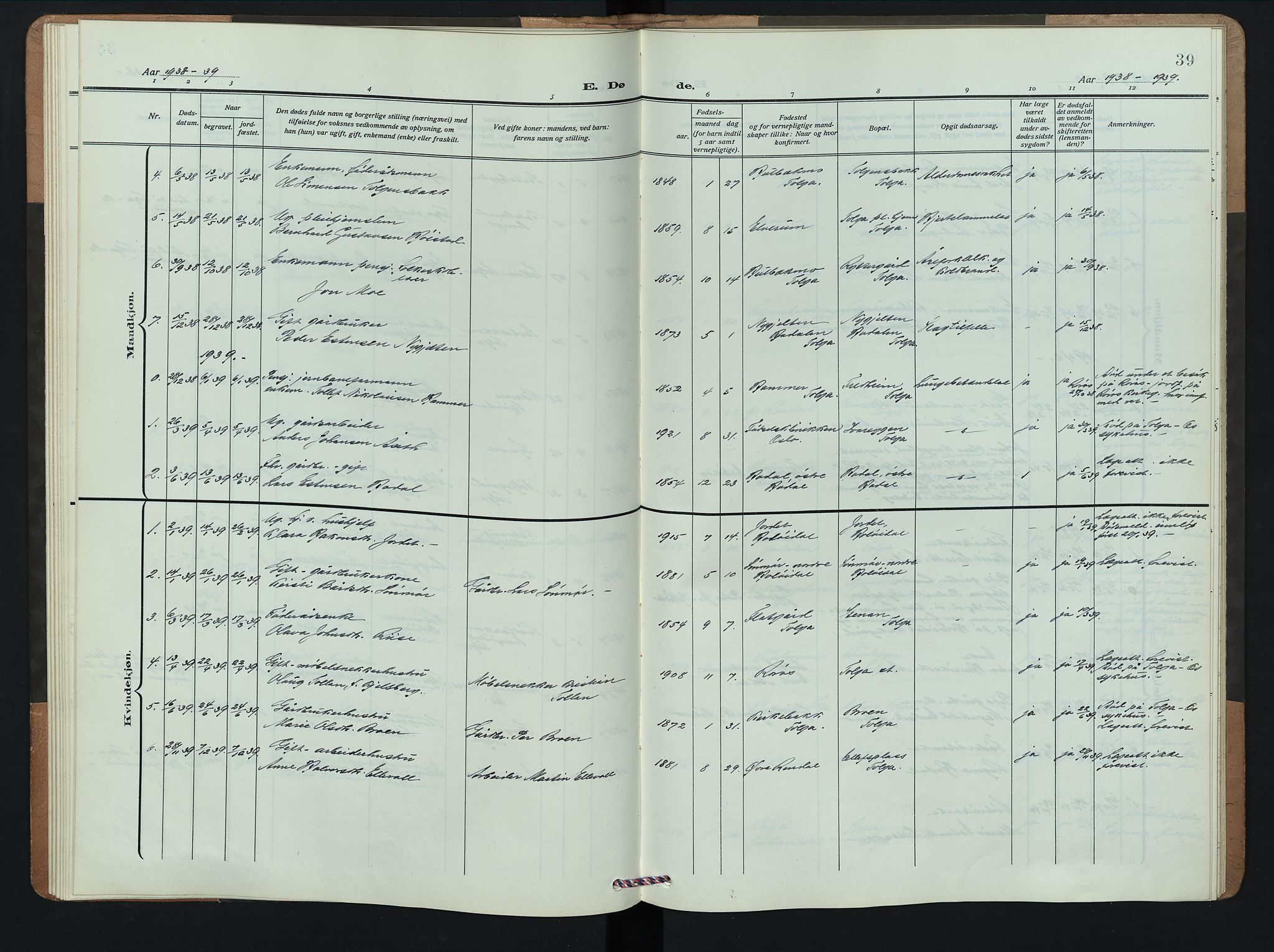 Tolga prestekontor, AV/SAH-PREST-062/L/L0012: Parish register (copy) no. 12, 1908-1948, p. 39