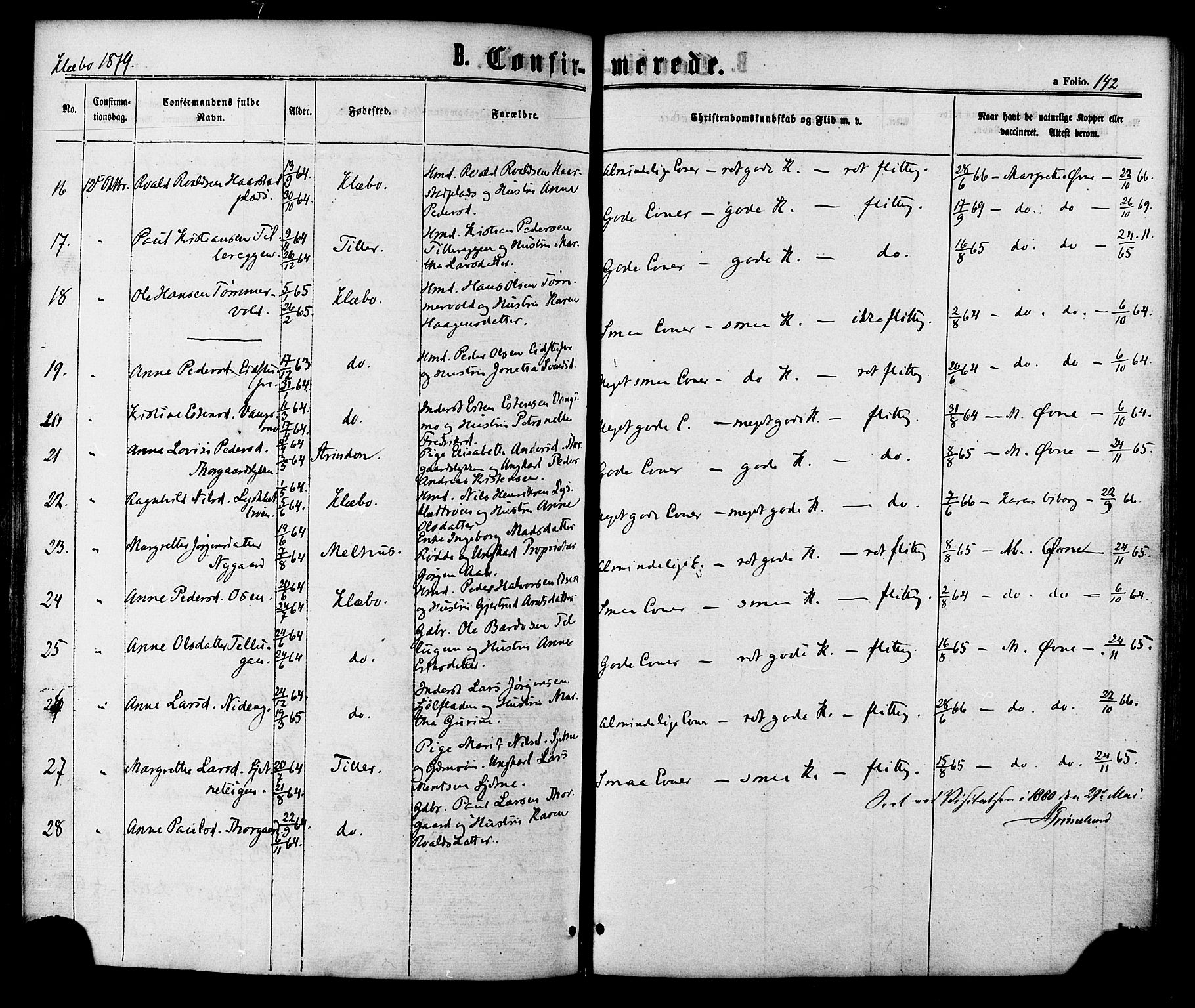 Ministerialprotokoller, klokkerbøker og fødselsregistre - Sør-Trøndelag, AV/SAT-A-1456/618/L0442: Parish register (official) no. 618A06 /1, 1863-1879, p. 142